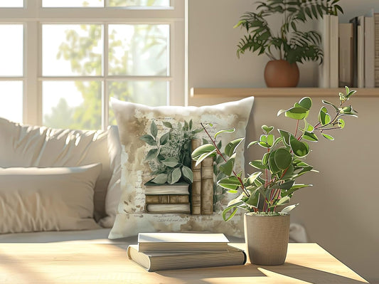 Vintage Botanical Books Pillow Cover 18x18, Reading Nook Corner Room Decor, Book Lover Reader Librarian Gifts Decorative Throw Pillow Cover Case for Home Library Classroom