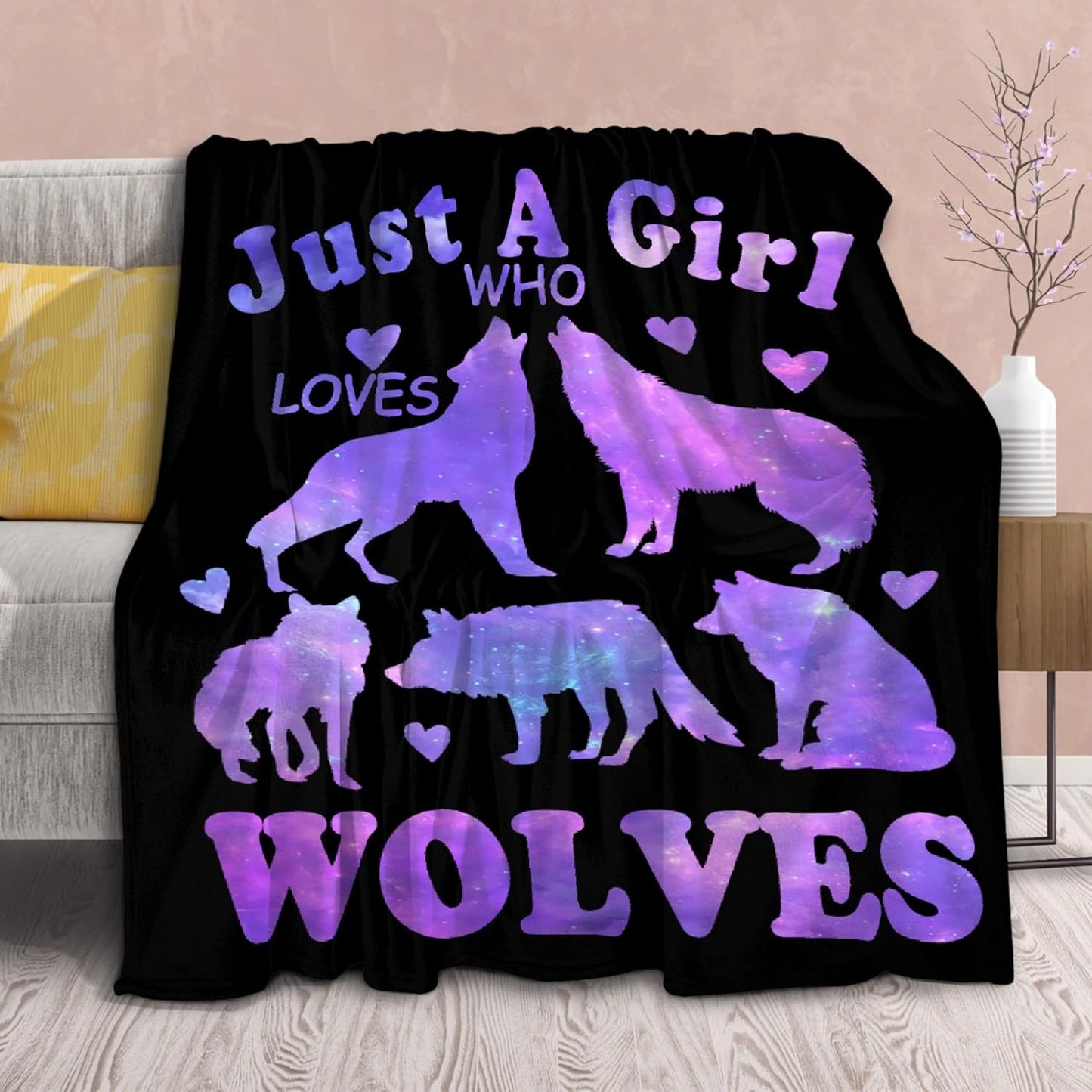 Wolf Blanket Stuffed Just Girl Who Loves Wolves Plush Gift for Kid Women Toddler Fleece Throw Cute Purple Animal Lover Lightweight Sheet Super Soft Flannel Blankets Decor Bed Chair Sofa-80"x60" Large