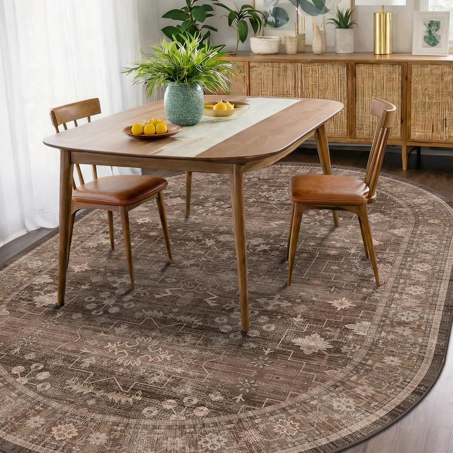 Large Oval 5x8 Rug for Kitchen Table - Vintage Traditional Dark Neutral Geometric, Boho Washable Non-Slip Area Rugs for Reading Corner, Home Office (5x8 Brown)