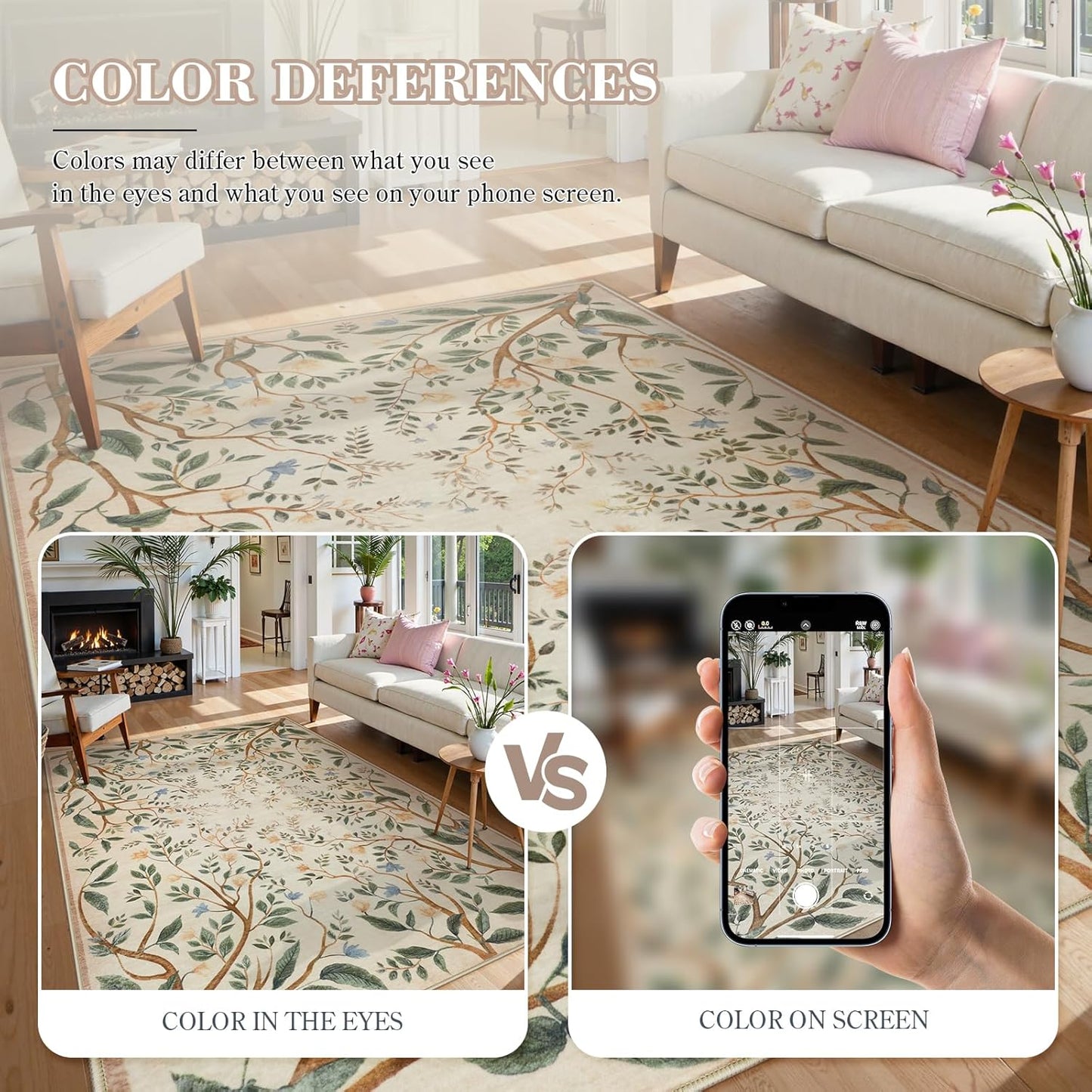 Collive Washable Area Rugs for Living Room, Beige 5x7 Bedroom Rug, Floral Forest Botanical Flourishing Vines Soft Non-Slip Stain Resistant Boho Carpet for Dining Room Office