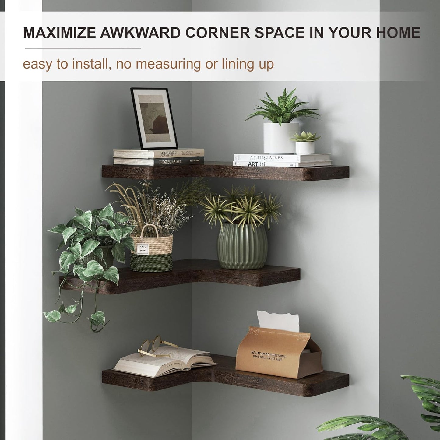 fuqing Floating Corner Shelves, Wall Shelf Set of 3, Shelves for Wall Storage, Solid Wood Shelves for Storage, Wall Mount Wooden Display Shelf for Bathroom Bedroom Kitchen Garage, Rustic Brown