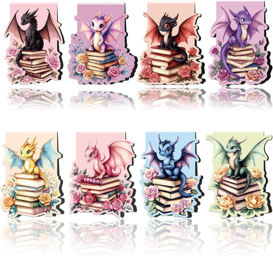 Dragon Magnetic Bookmarks: 8 PCS Floral & Cute Animals Magnet Book Markers for Reading Kids Boys Girls, Unique Dragon Book Mark Clips, Gifts for Novel Lovers Readers, School Office Supplies