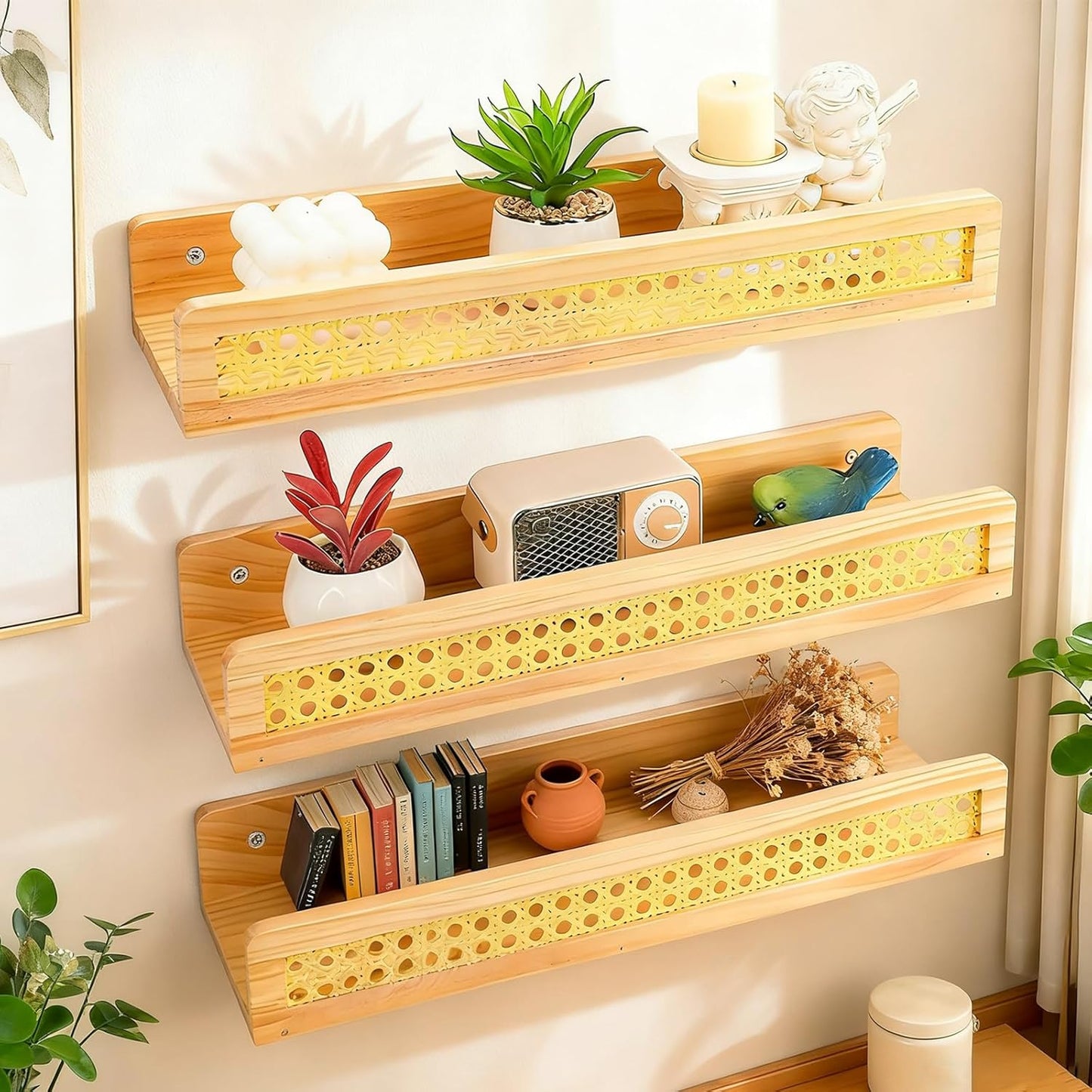 Zoyiancy 3 Pcs Rattan Wall Shelf, Natural Wooden Wall Mounted Floating Shelves, Decorative Picture Ledge Wicker Nursery Bookshelves for Bedroom, Kitchen, Living Room, Office