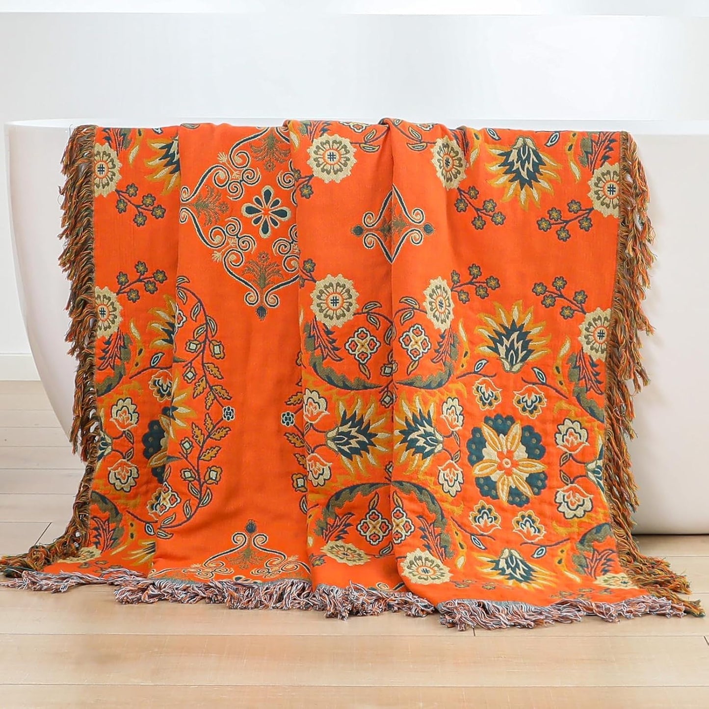 King Throw Blanket for Bed Couch,100% Organic Cotton Reversible Soft Quilt, Orange Floral Breathable Lightweight Blankets,90"×108" Extra Large Sofa Throws for 3 4 Seater with Tassels,Teal