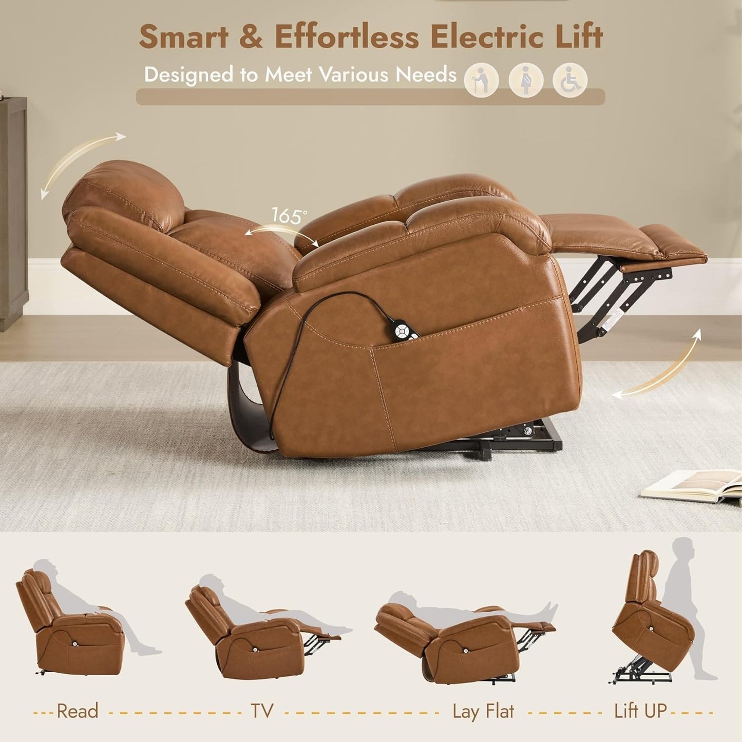 Genuine Leather Power Lift Recliner Chair with Heat and Massage Electric Lay Flat Chairs Headrest Visual Remote Control for Living Room Bedroom