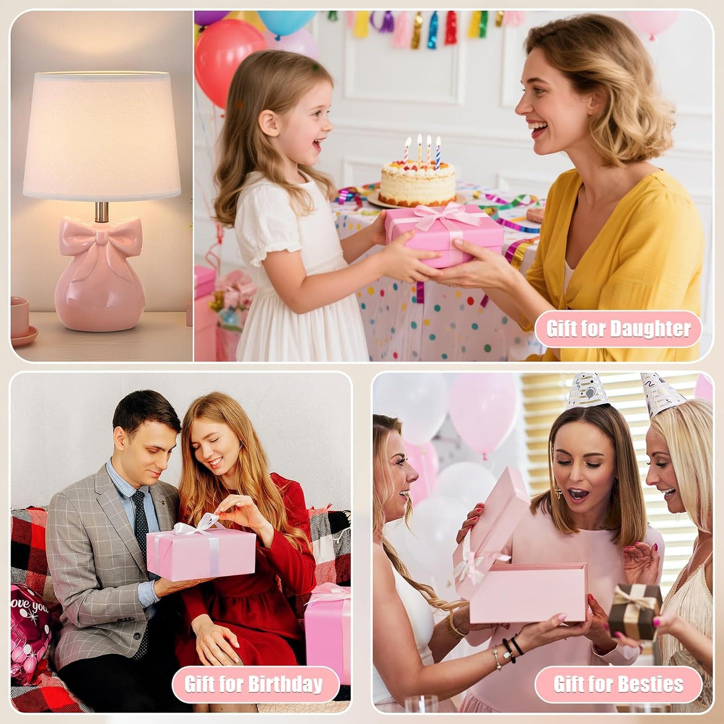 Pink Bow Table Lamp for Girl's Room, 19" Ceramic Cute Lamp for Bedroom, Classic Bedside Lamp for Nightstand, Modern Table Lamp for Living Room with Rotary Swtich (Bulb Included)