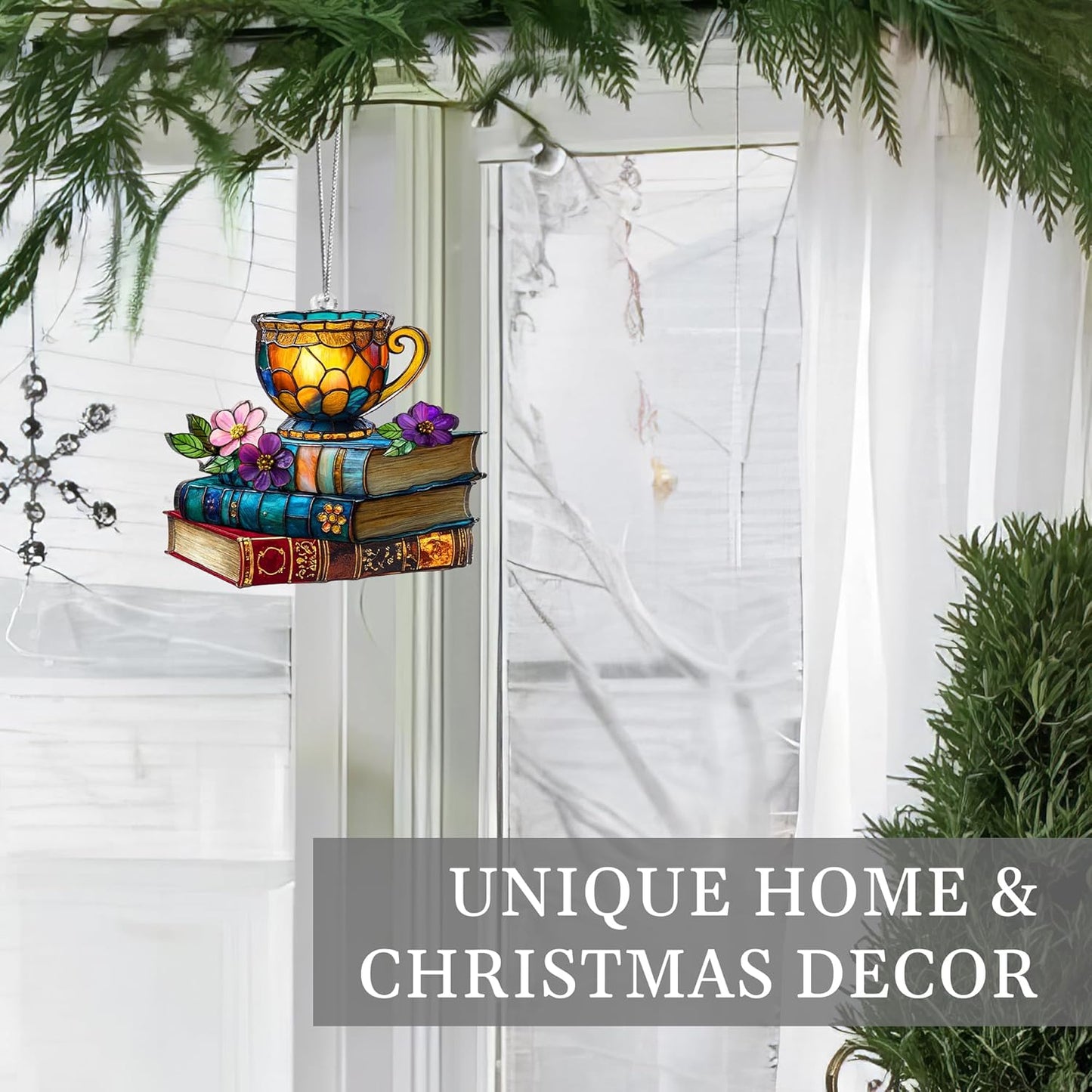 Jabihome Book Ornament Faux Stained Glass, Bookish Gifts for Librarian, Book Lovers, Reader, Teacher, Women, Bookclub, Suncatcher Window Hanging Acrylic Decor for Christmas Tree (Tea Tales)