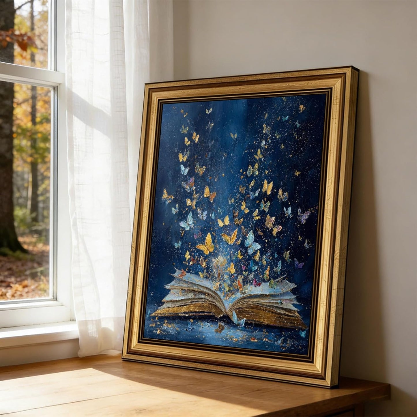 Dougepce 3D Texture Oil Painting,Vintage Gold Framed Wall Art, Classical Bookish Butterfly Paintings,Moody Wall Decor Aesthetic Artwork,Butterfly Emerging From Book Canvas Prints Picture, 12" × 16"