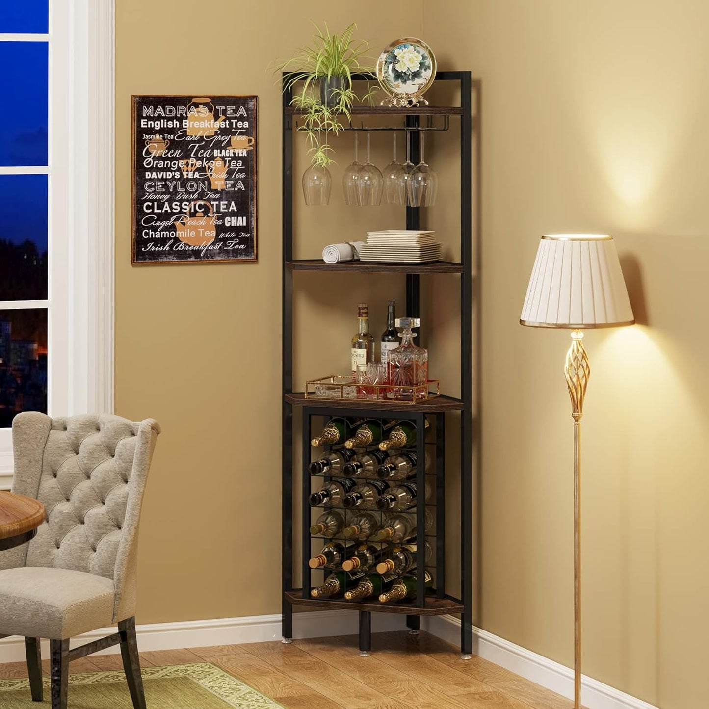 LITTLE TREE Corner Wine Rack Freestanding Floor Corner Bar Shelf with Glass Holder for Small Space, Brown