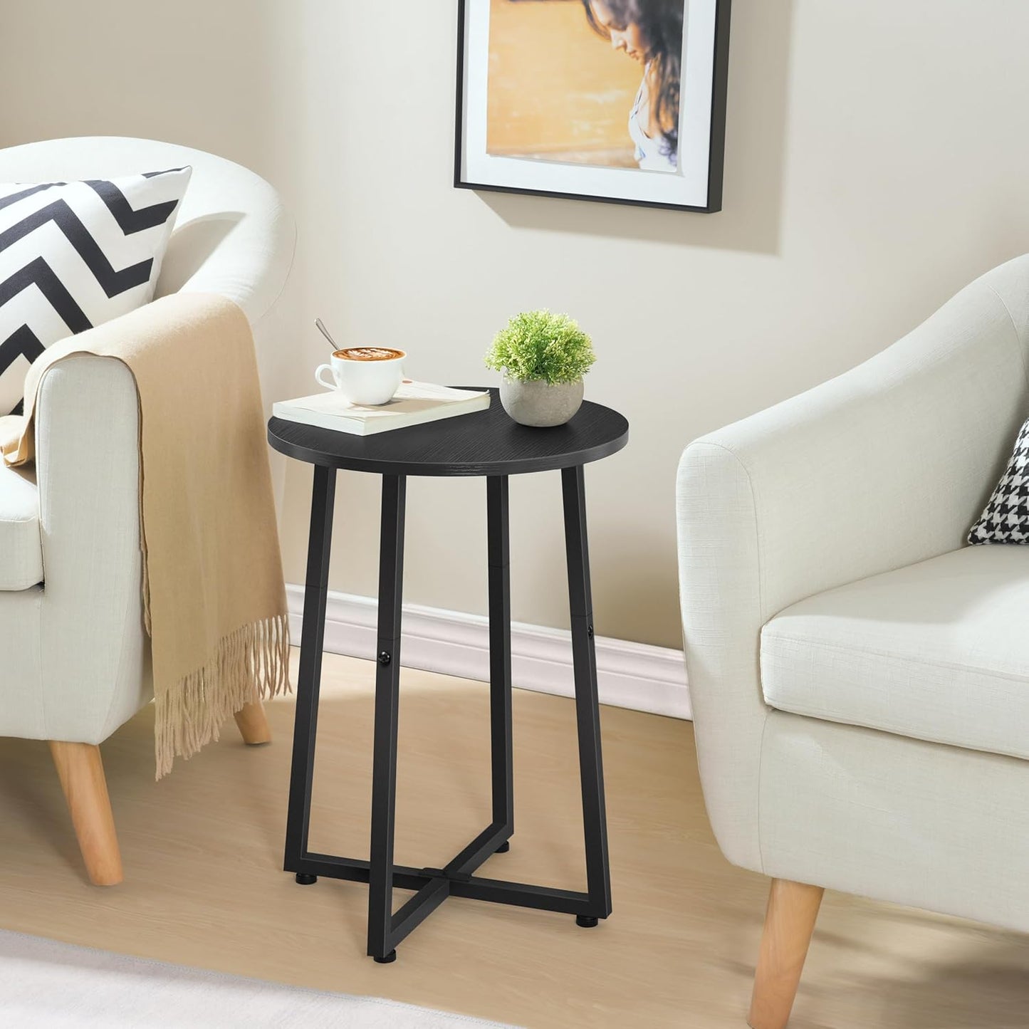 HOOBRO Side Table, Round End Accent Table with Sturdy Metal Pedestal, 15.7" Round Nightstand, for Living Room, Bedroom, Balcony, Office, Black BB95BZ01