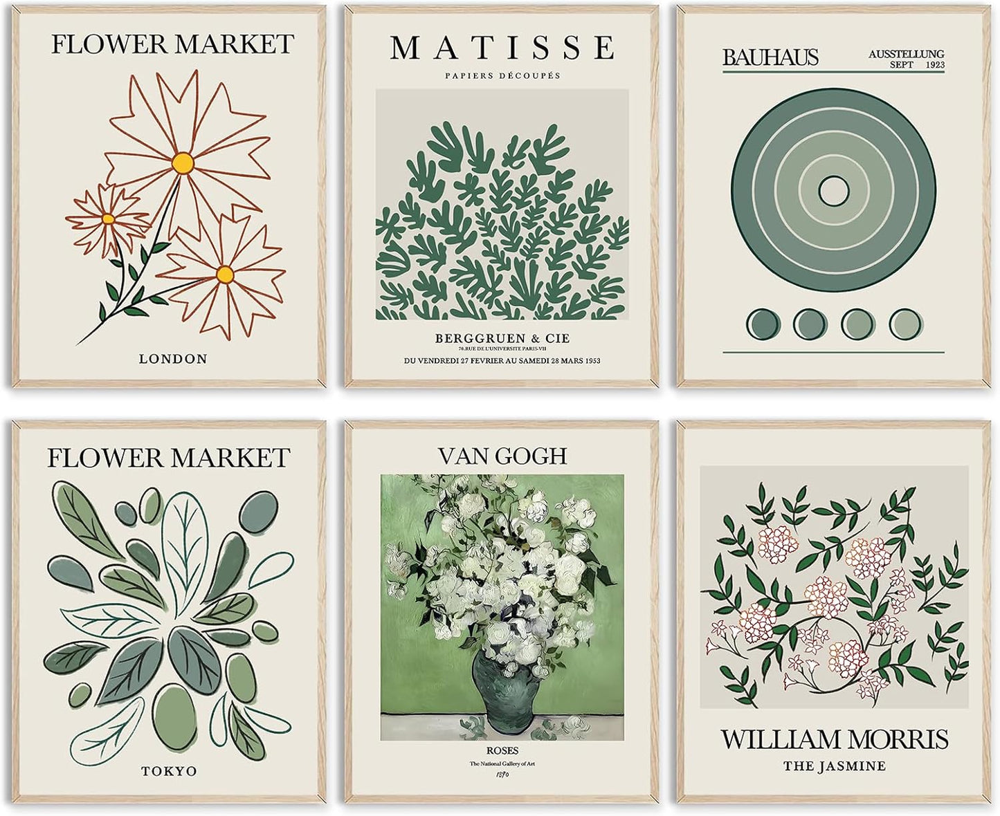 Canvas Trend Minimalist Boho Wall Art Set of 6, Flower Market Prints, Neutral Sage Green Botanical Wall Decor for Bedroom Living Room Bathroom, Modern Abstract Aesthetic Posters Unframed, 8x10inch