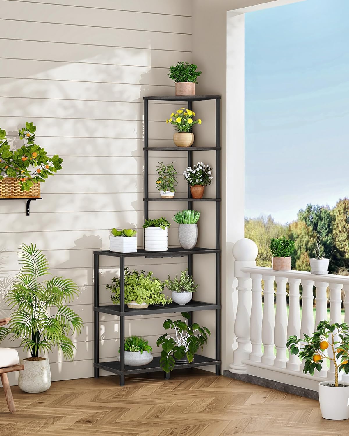 6-Tier Corner Shelf, Industrial Corner Bookshelf with Desk Top, Diamond-Shaped Storage Shelves, Display Stand for Small Spaces, Living Room, Home Office, Foyer, Black TCJ70BB