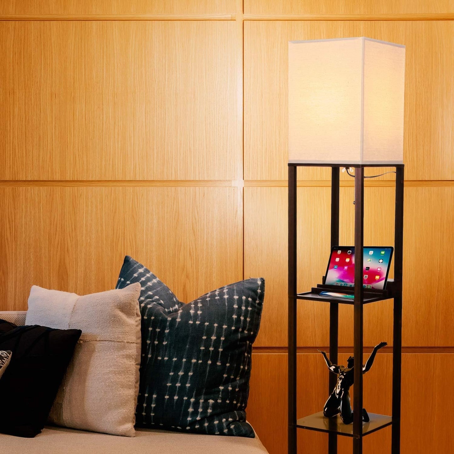 Brightech Maxwell Charger - Modern Shelf Floor Lamp with USB Charging Ports & Electric Outlet - Corner Display Floor Lamps with Shelves for Living Room, Bedroom and Office - Havana Brown