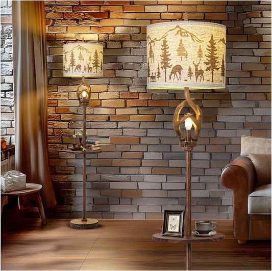 Vintage Deer Antlers Floor Lamps For Living Room with Night Light, Rustic Tall Lamp Decor For Bedroom with Metal Tray. Farmhouse Standing Lamp For Home Office Study Restaurant (Bulb Included)