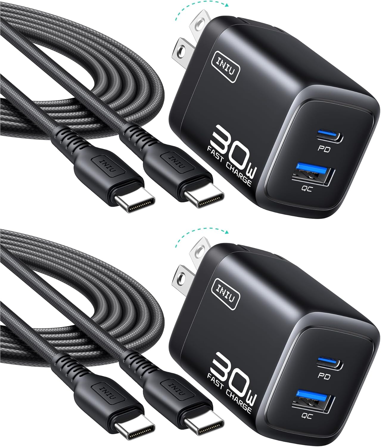 INIU for iPhone 17 Charger, 30W 2-Port Type C Charger Fast Charging, Foldable USB C Charger Block with USBC Cable for iPhone 17 16 15 Pro Max, MacBook Air 13 M4 iPad 13 11, Samsung S25 S24, Goodle etc