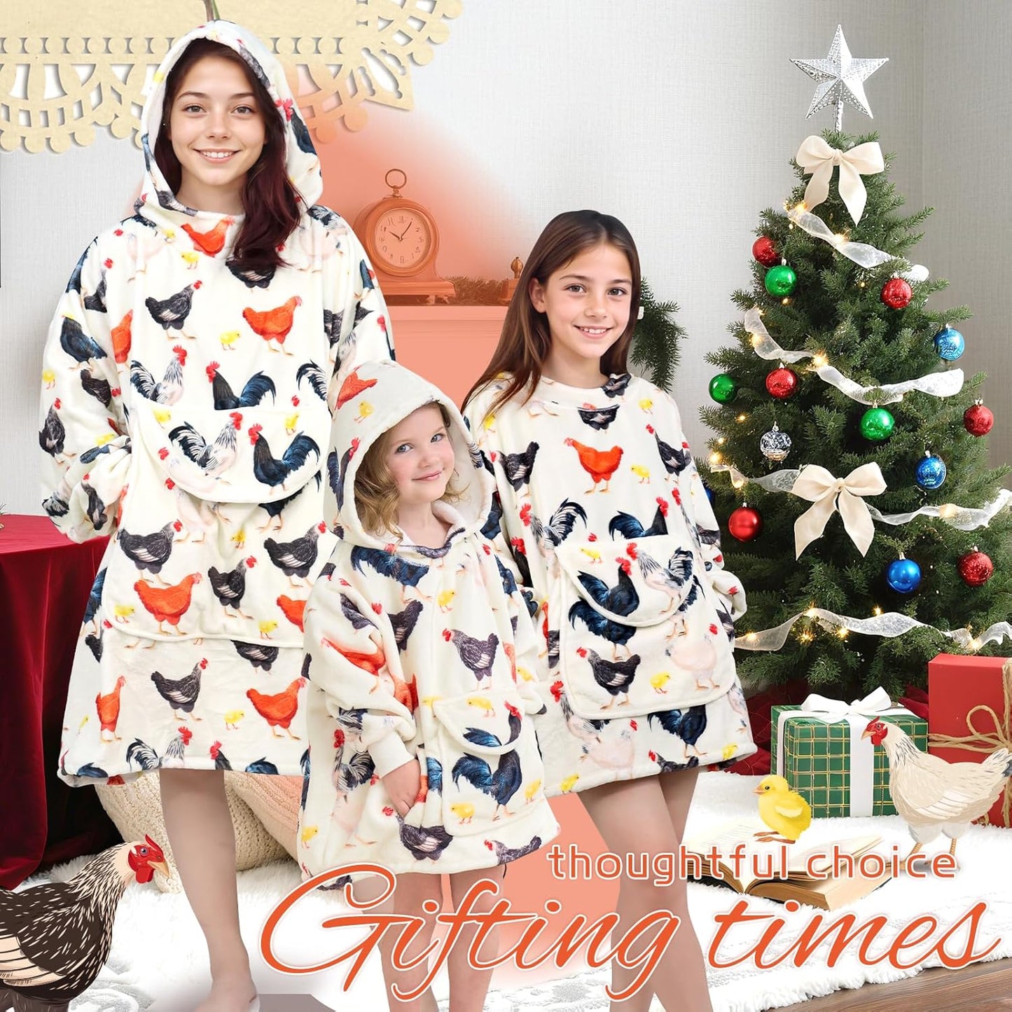 Chicken Wearable Blanket Hoodie for Women - Funny Hooded Blanket with Oversized Pocket - Chicken Decor Gifts for Women Cozy Cute Sweatshirt Blanket with Sleeves Rooster Birthday Gifts for Mom