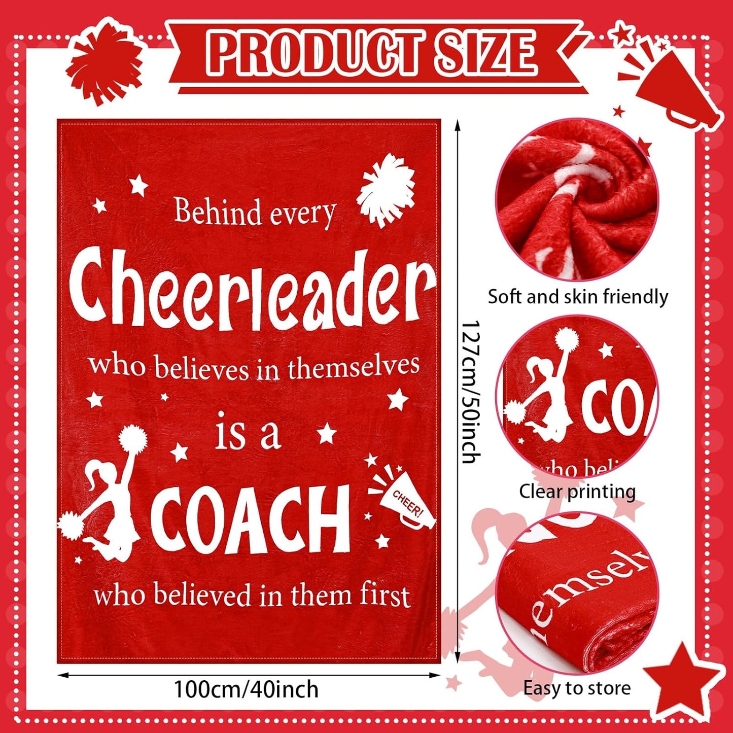 Cheer Coach Gift for Women 40‘' x 50‘' Cheerleader Blanket Cheerleading Appreciation Gift Cheer Blanket for Birthday Graduation Retirement Sports Party(Red)