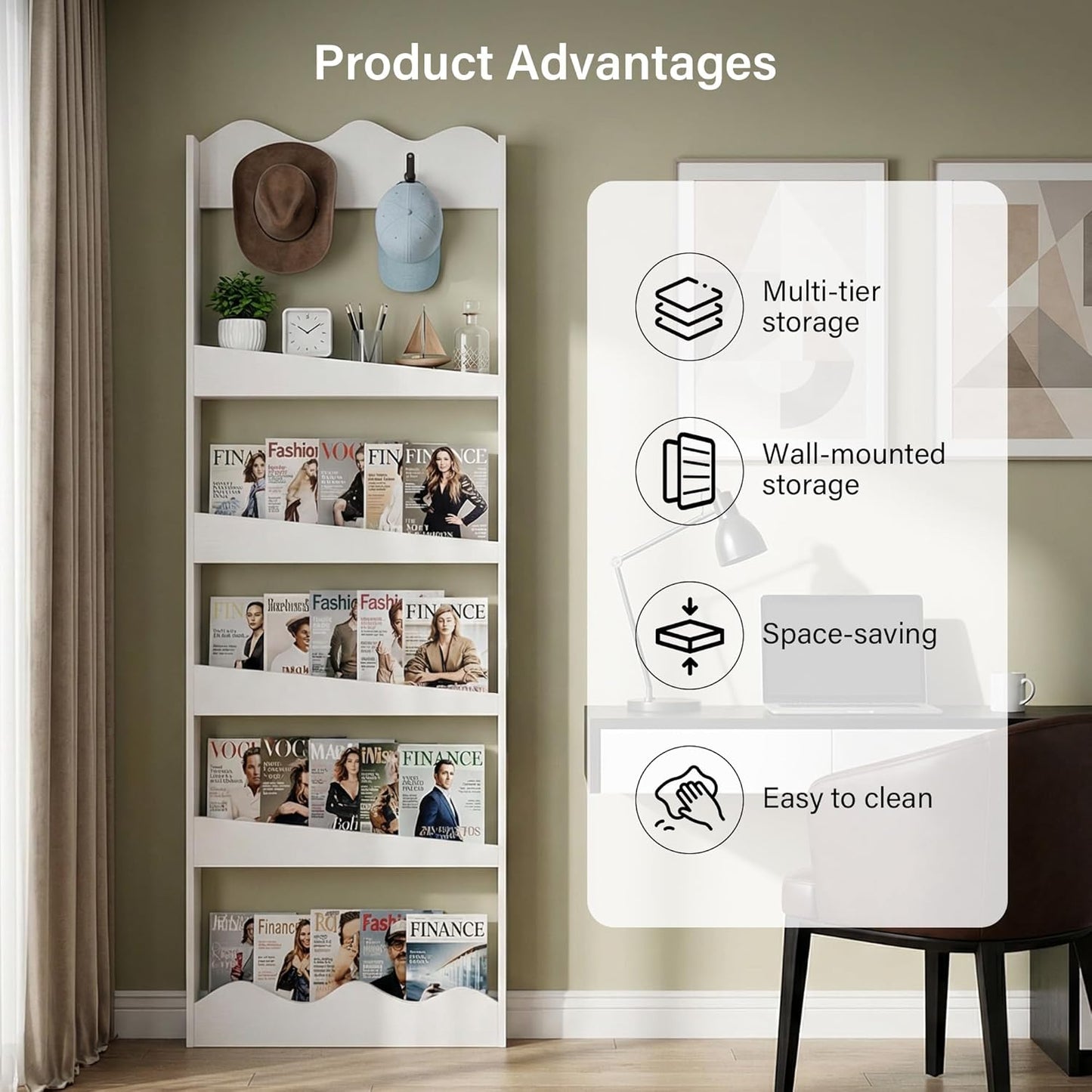 Janmid 5-Tier Behind The Door Bookshelf, Wall Mounted White Wooden Book Shelf Organizer, Slim Narrow Space-Saving Storage Cabinet for Bedroom, Living Room, Playroom – 70.9×23.6×7.9 in