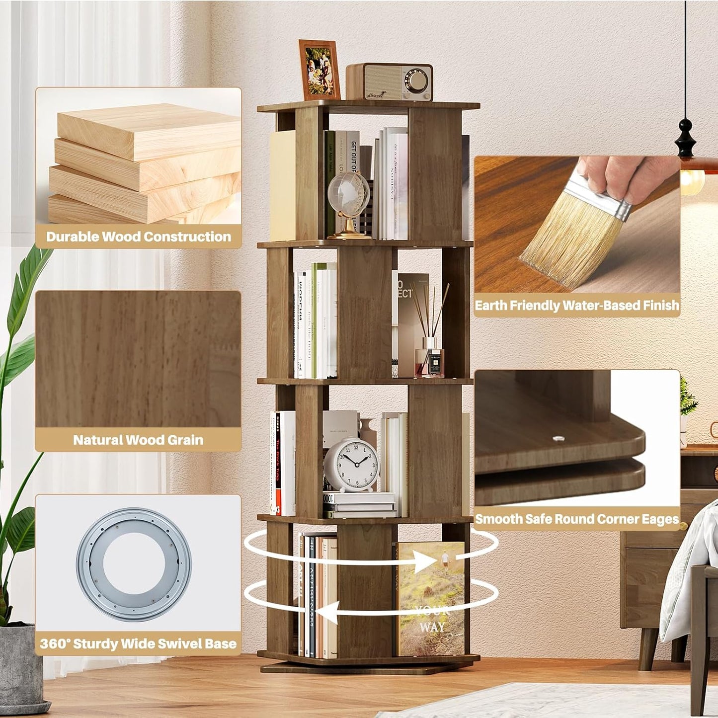 Wooden Rotating Walnut Rectangle Bookshelf Tower - 4 Tier 51“ H Tall Corner Bookshelf for Small Space, 360° Spinning Revolving Solid Wood Modern Bookcase Tower for Living Room, Bedroom, Home Office