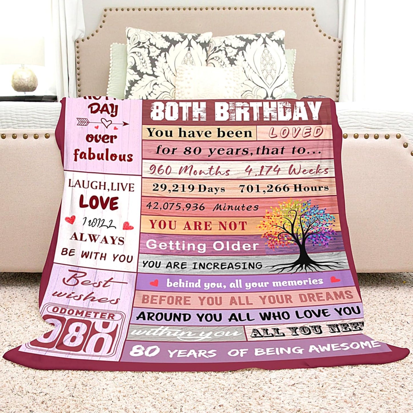 80th Birthday Gifts for Women Blanket, Happy 80th Birthday Gifts for 1945 Women, Colorful Tree Blanket Gift for 80 Year Old Woman, Soft Comfy Warm Plush Flannel Blanket for Sofa Couch Bedroom 60"X50"
