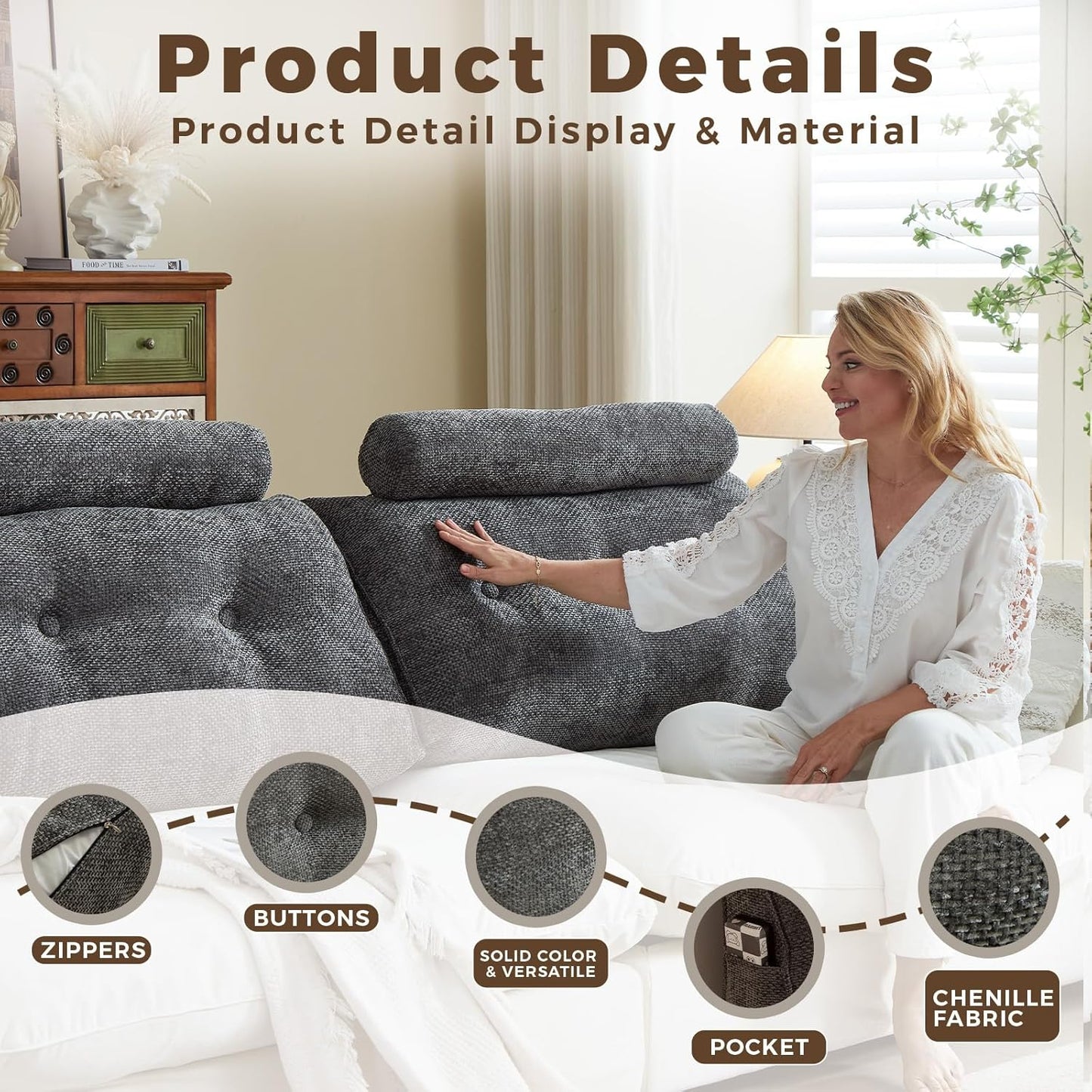 Headboard Pillow for Twin XL – Chenille Large Triangular Wedge Pillow for Headboard Gap, Daybed and Couch Backrest, Reading and Sitting Up in Bed with Removable Washable Cover, Dark Gray