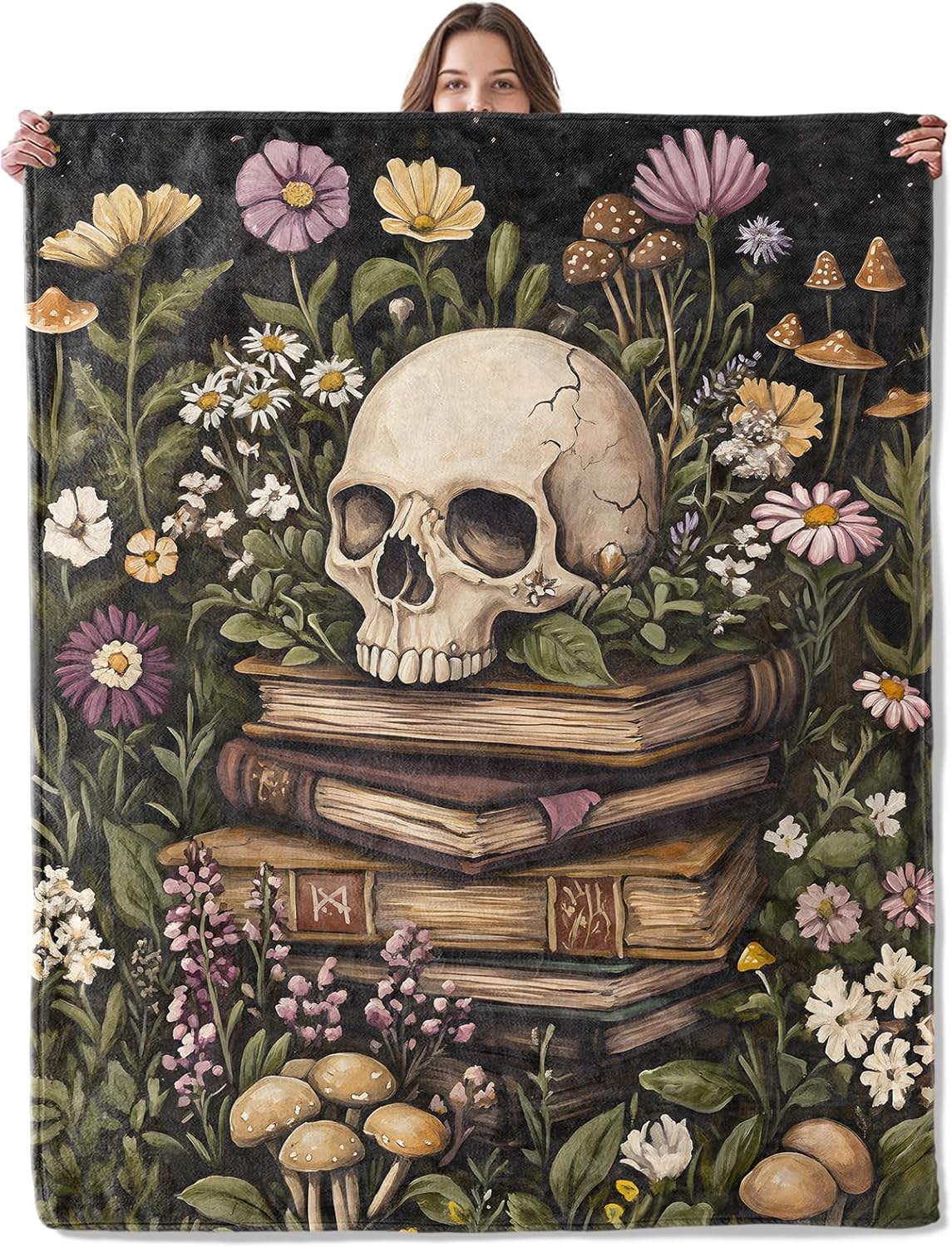 Skull and Books Floral Blanket, Lightweight Comfy Vintage Flowers & Mushrooms Blankets for Couch Sofa Bedroom, Soft Plush Travel Flannel Throw Blanket Gifts for Women Adults, Home Decor 80×60in