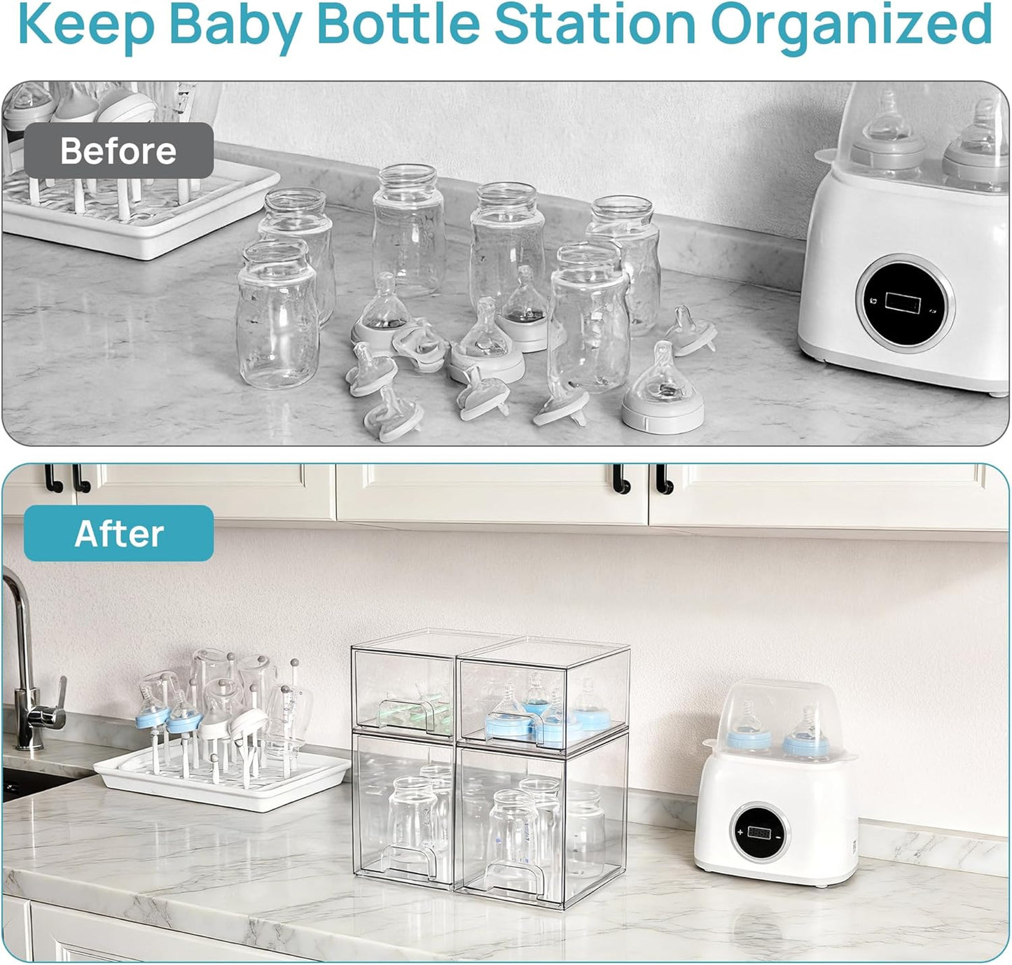 Vtopmart Stackable Storage Drawers Set of 5, Clear Plastic Organizer Bins for Baby Bottle, Beauty Supplies Storage, Ideal for Kichen Countertop, Vanity, Bathroom, Cabinet, Pantry Organization
