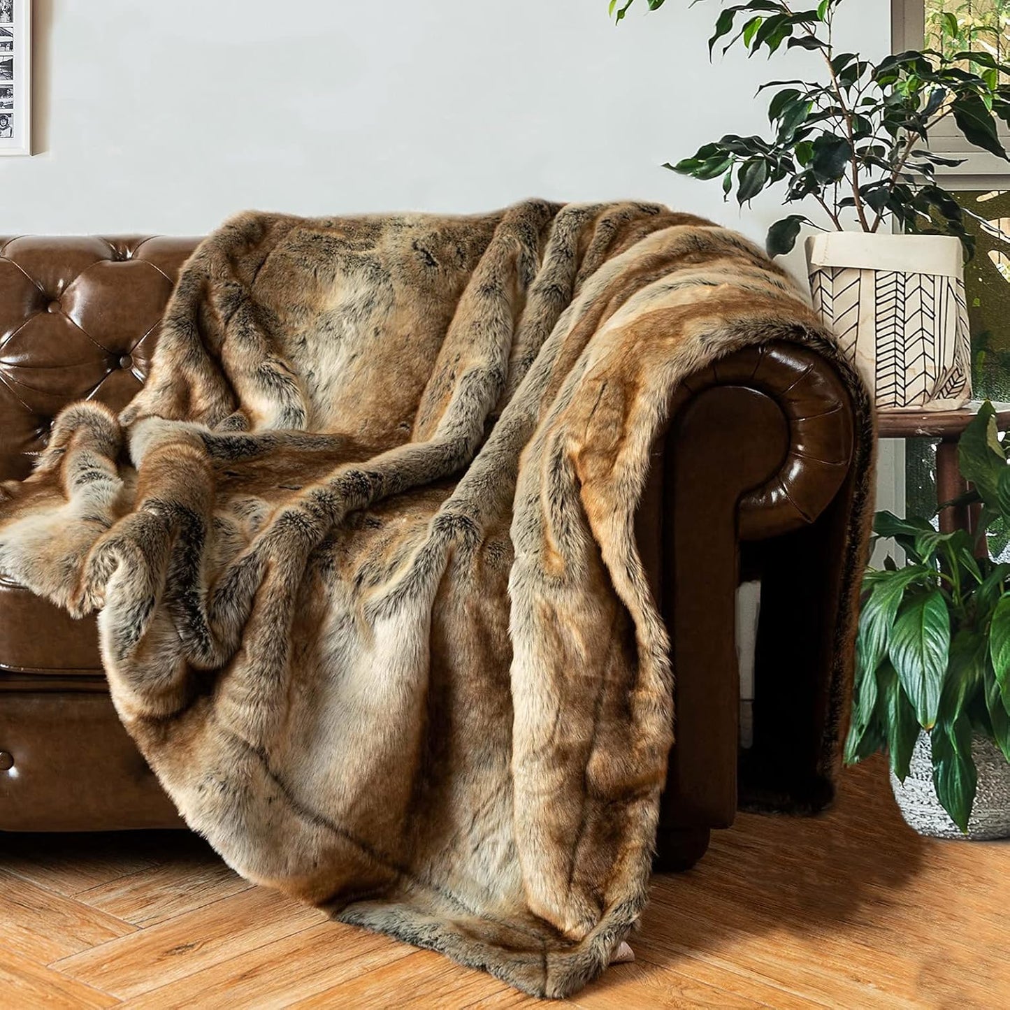 BATTILO HOME Luxury Brown Faux Fur Blanket Thick Warm Elegant Cozy Fuzzy Throw for Couch, Bed, Sofa Fluffy Blankets Decorative Reversible to Plush Velvet, 50"x60"