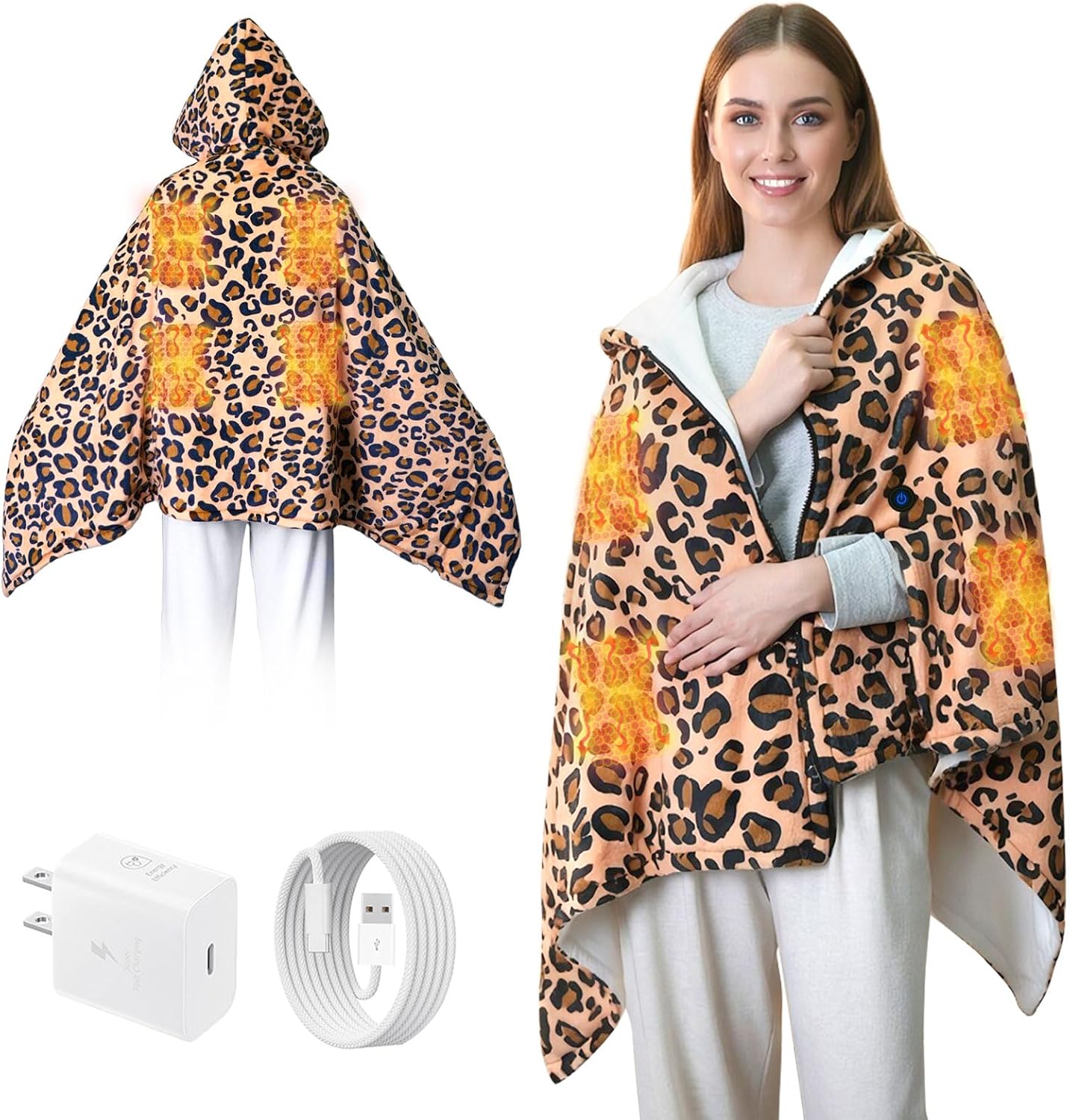 USB Heated Blanket Type-C Heated Hoodie Throw Blanket Electric Shawl Leopard Print 1 Heating Level Wearable Soft Heating Shawl for Neck & Shoulder, Winter Gifts for Women Travel,Camping,Bed
