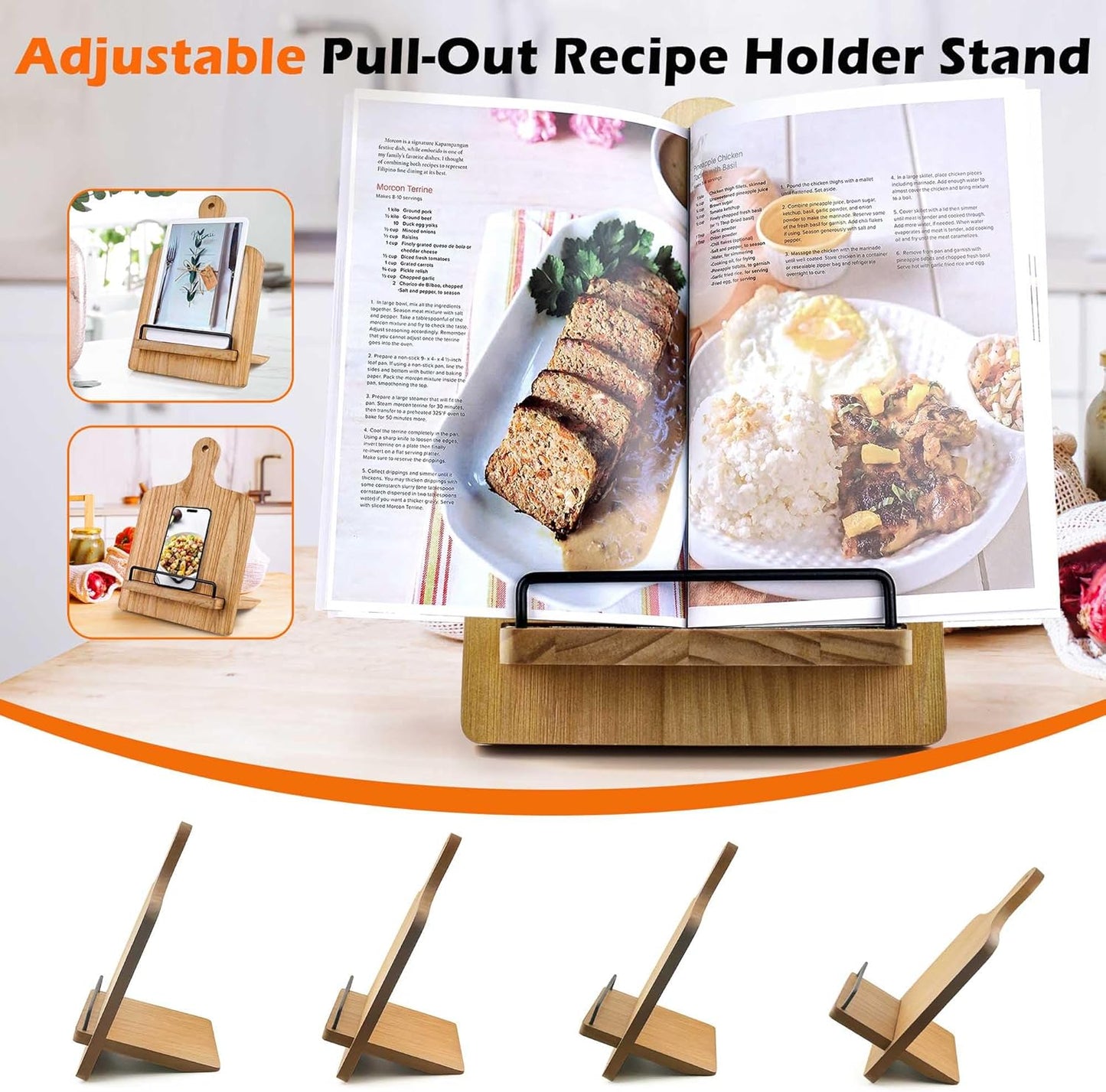 Cookbook Stand Recipe Book Holder: Cookbook Stand for Kitchen Counter, Adjustable iPad Tablet Recipe Book Holder, Rustic Wood Cutting Board Style, Gift for Women