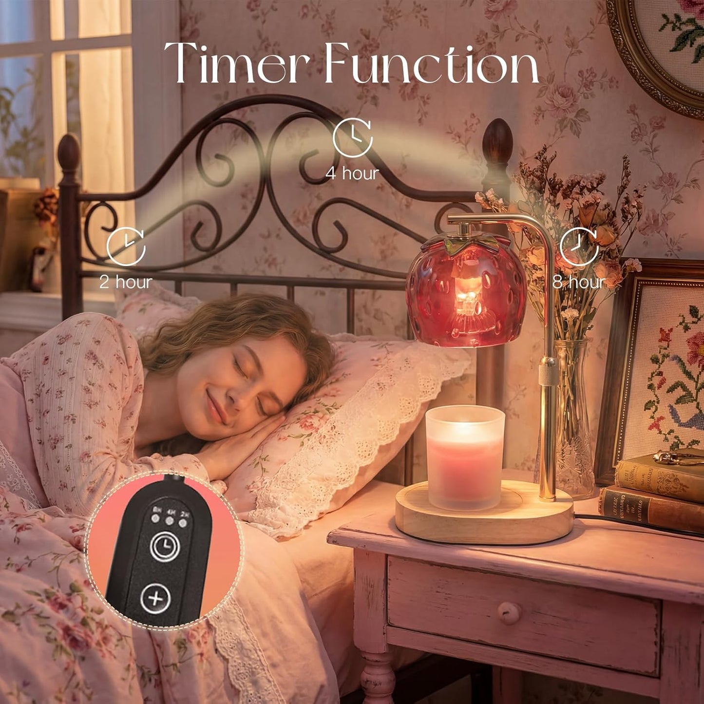 Candle Warmer Lamp with Timer: Strawberry Candle Warming Lamp with 2 Bulbs Dimmable Preppy Room Home Decor for Women Height Adjustable Wax Warmer
