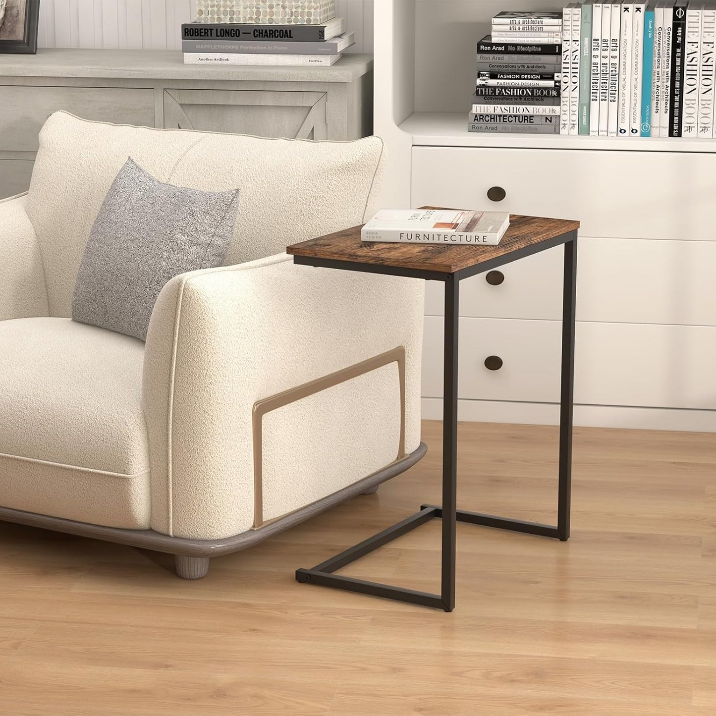 GOFLAME C Shaped End Table, Small Snack Side Table for Sofa, Couch, Bed, Laptop Table, TV Trays with Metal Frame for Living Room, Bedroom, Small Space, Rustic Brown