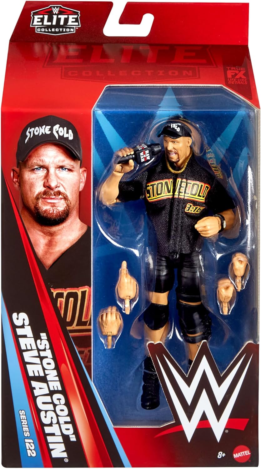Mattel WWE Elite Action Figure & Accessories, Series #122 Set, 6-inch Collectible “Stone Cold” Steve Austin with 25 Articulation Points & Swappable Hands