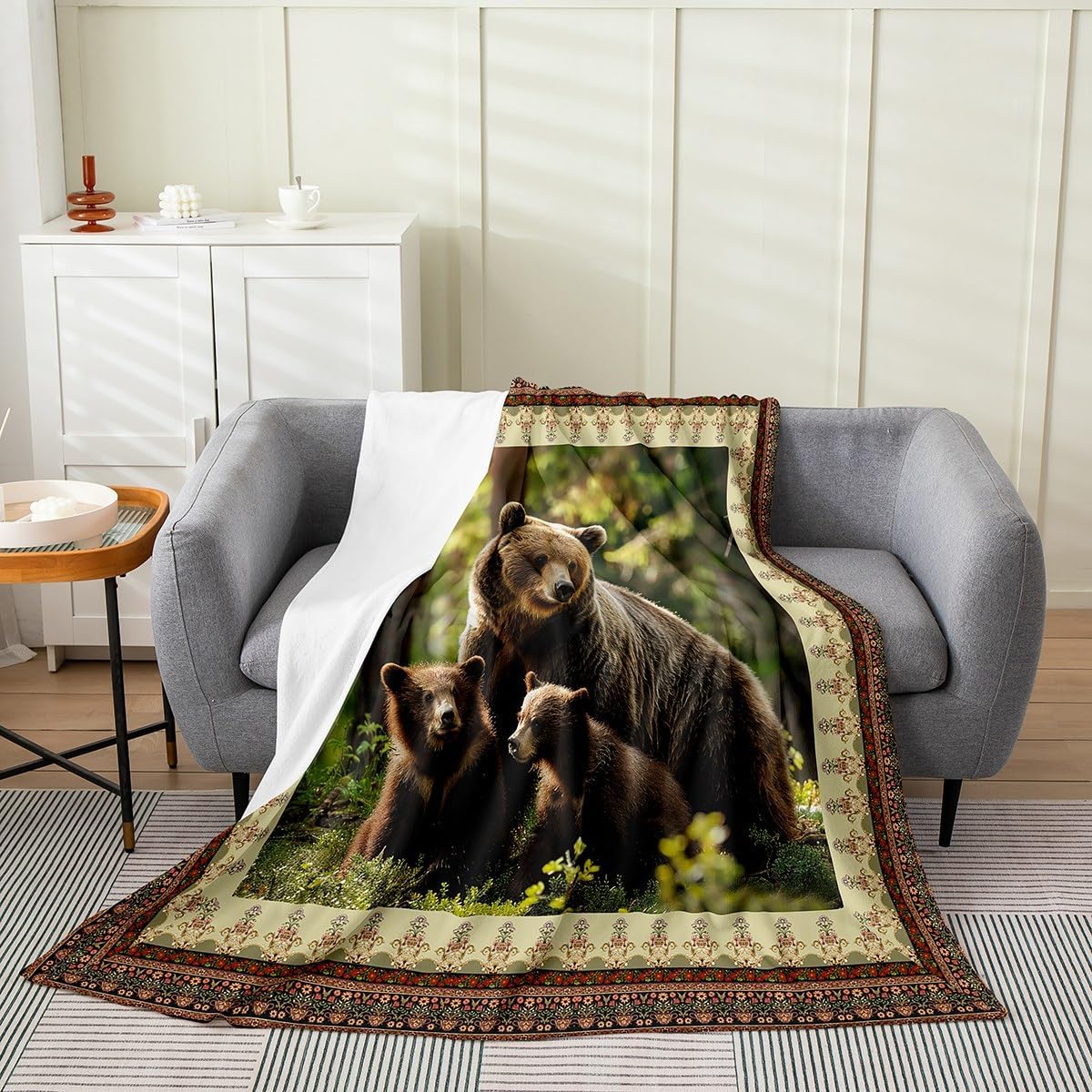 Erosebridal Brown Bear Blanket for Kids Teen Man,Retro Hunting Wild Animal Throw Blanket Queen 90x90 Inch,Indian Boho Aztec Fleece Blanket,Rustic Lodge Cabin Flannel Blanket for Bedroom