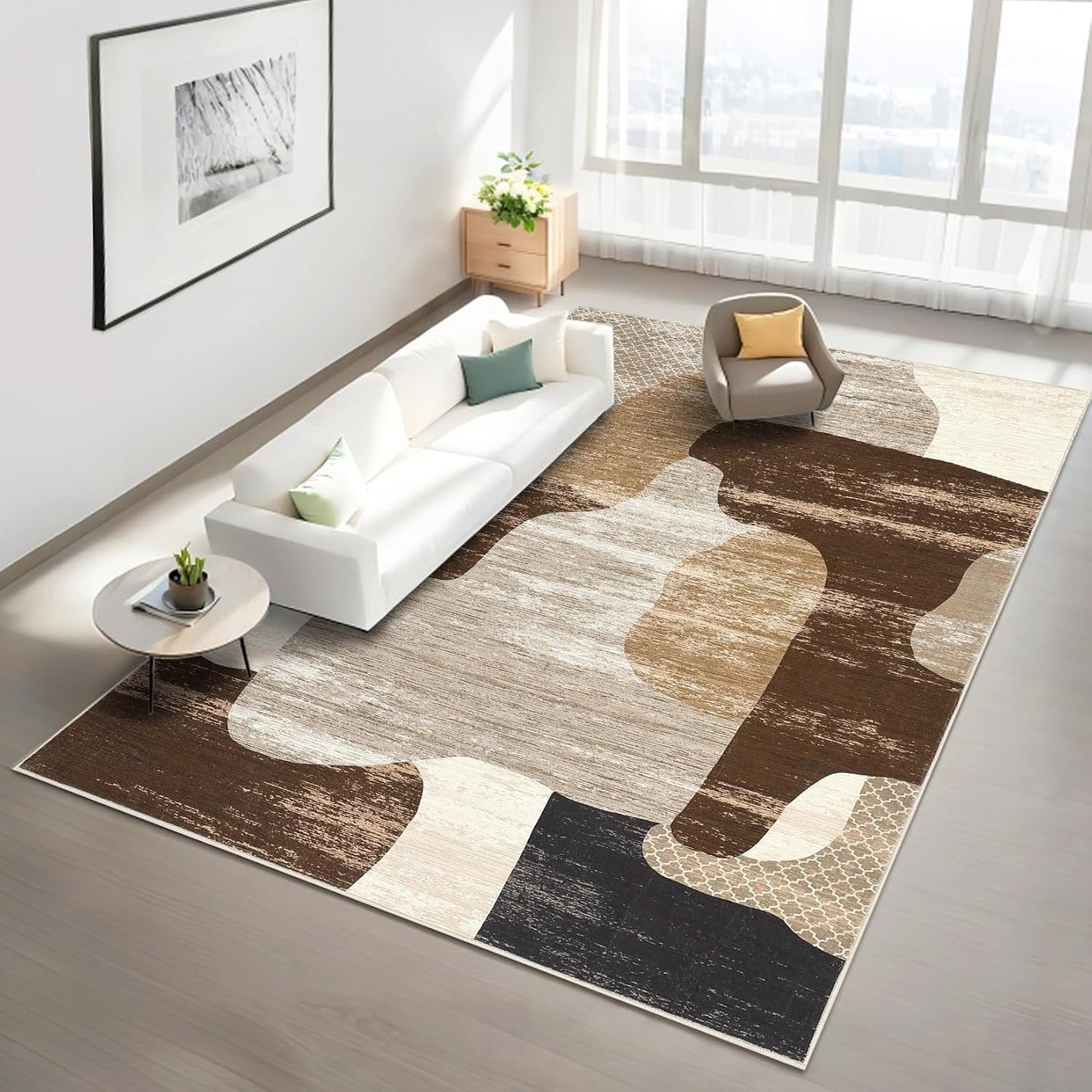 Modern Abstract Rug for Living Room 9x12 Large Low Pile Washable Rugs with Non-Slip Backing, Stain-Resistant Contemporary Indoor Carpet, Neutral Rugs Print Floor Mats for Bedroom Nursery, Brown