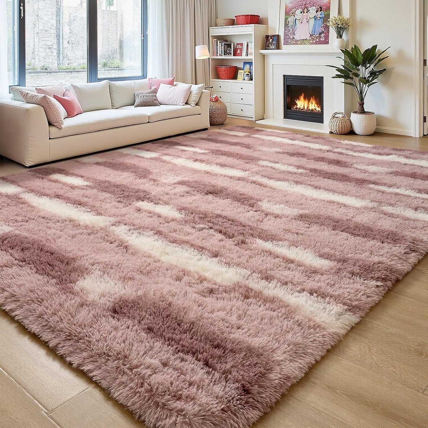 Pink White Striped Rugs for Girls Bedroom, 4x6 Feet Fluffy Cute Kids Room Decor Aesthetic Area Rug, Fuzzy Shaggy Carpets for Living Room, Playroom, Nursery, Indoor Non Slip Washable Carpet