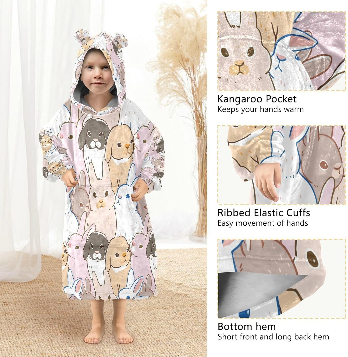 YETTASBIN Pink Bunny Wearable Blanket Hoodie for Kids, Oversized Soft Cozy Flannel Sweatshirt Blanket with Pocket