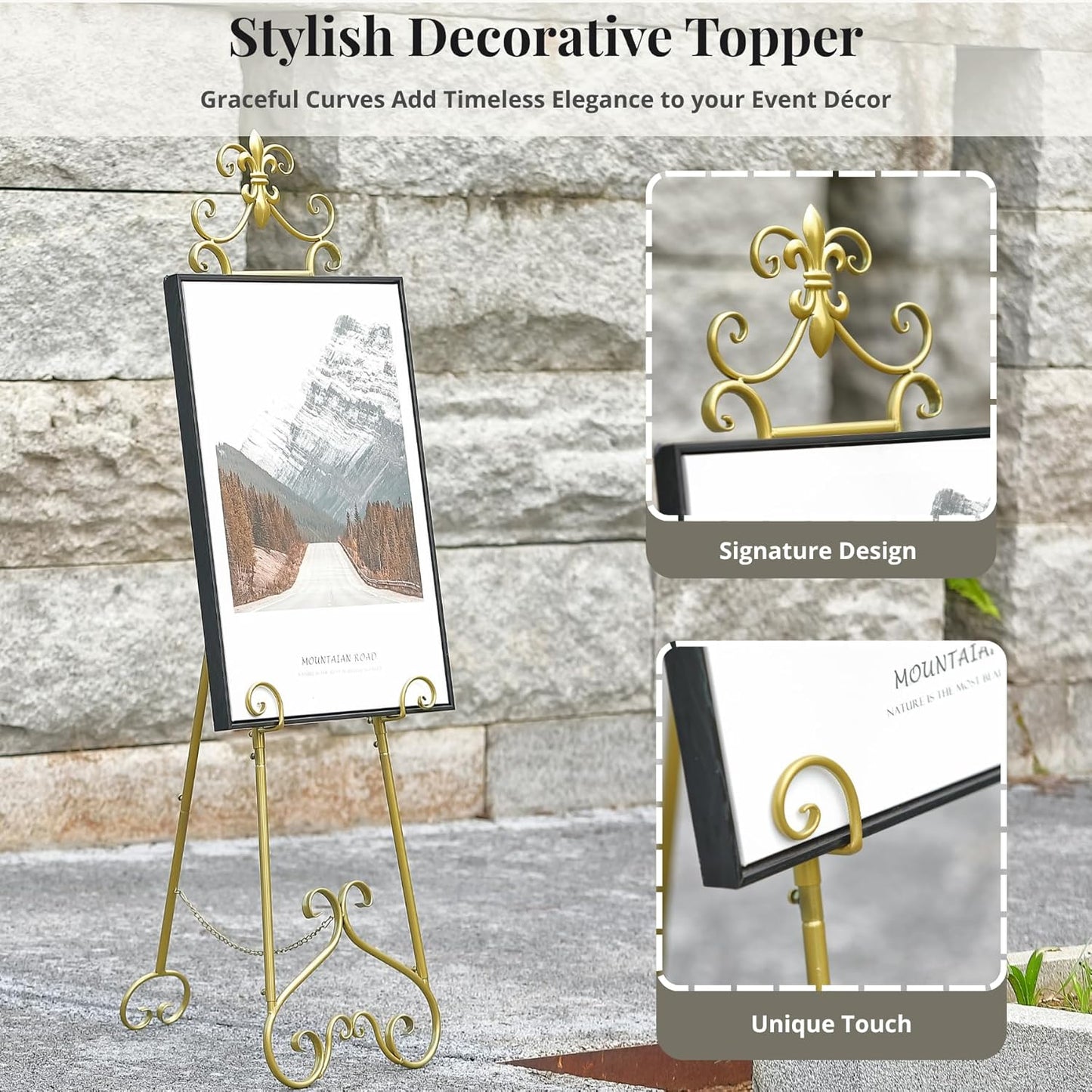 60” H Gold Easel Stand for Sign, Large Adjustable Metal Display Standing for Displaying Pictures Wedding Poster Holder Showcasing with Chain Support