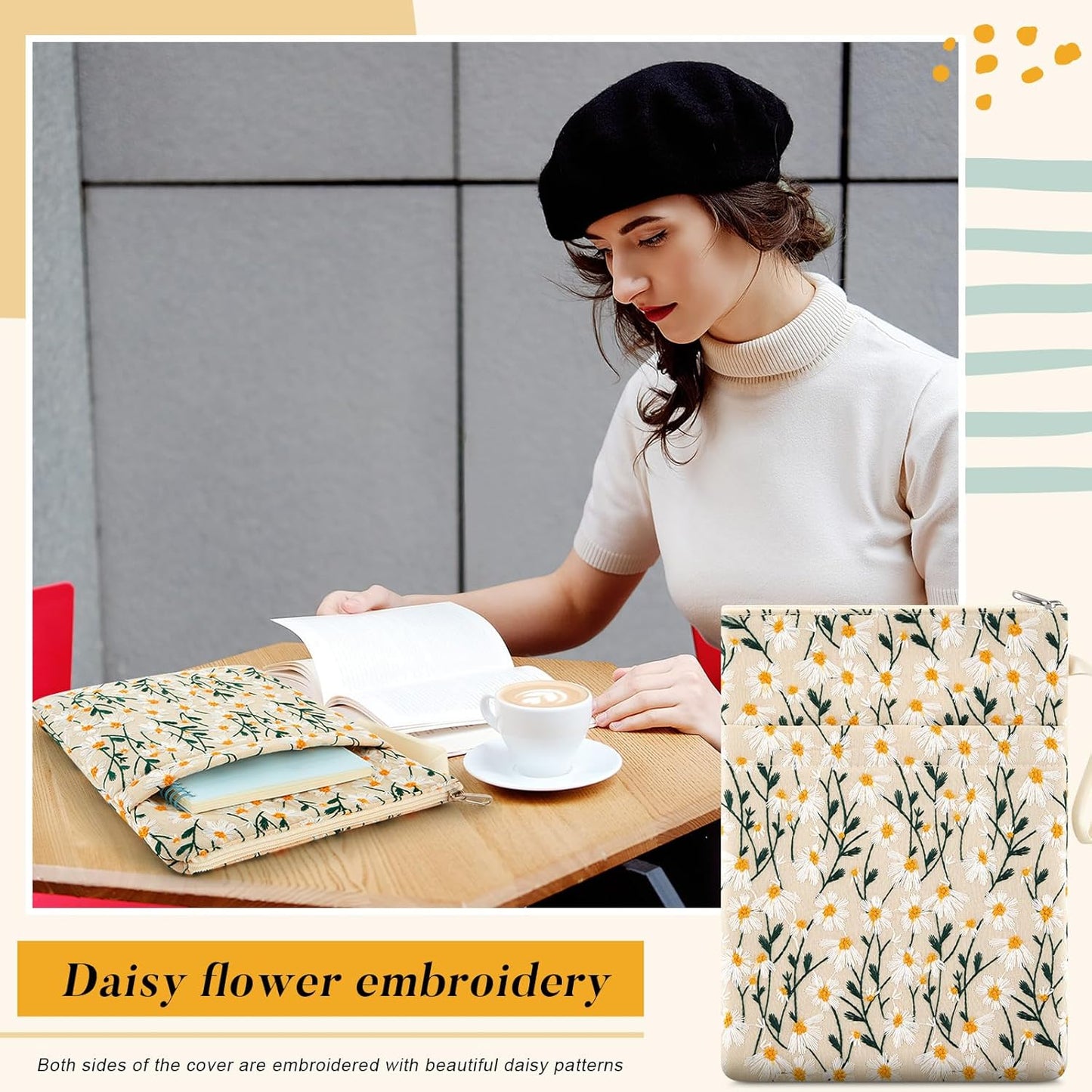 12''x9'' Daisy Embroidered Book Sleeve with Cotton Lining with Handle and Zipper Book Protector for Paperback and Hardcover, Christmas Ideal Gift Book Sleeve Pouch for Book Lovers(White)