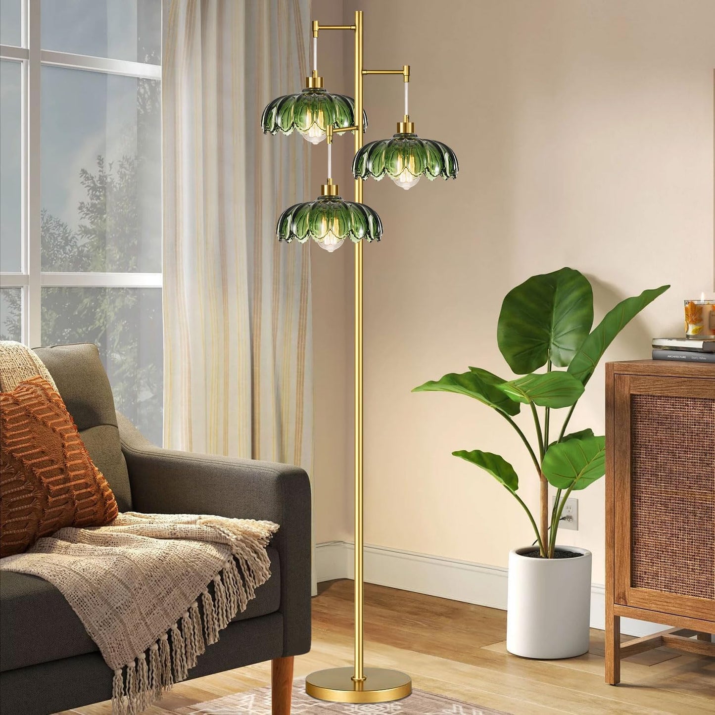 Gold Floor Lamp for Living Room Bedroom,Modern Floor Lamps with Unique Green Glass Shades,3 Lights Mid Century Tall Standing Lamp,Vintage Tree Flower Floor Lamp for Corner Office Reading