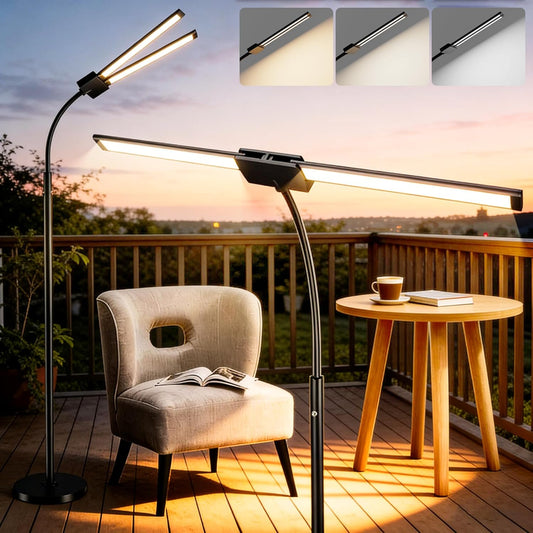 Cordless Floor Lamp LED Rechargeable - 15W Dual Head Adjustable Gooseneck Reading Light, 8000mAh Battery, Touch Control IP54 Waterproof, for Living Room, Bedroom & Emergency Lighting