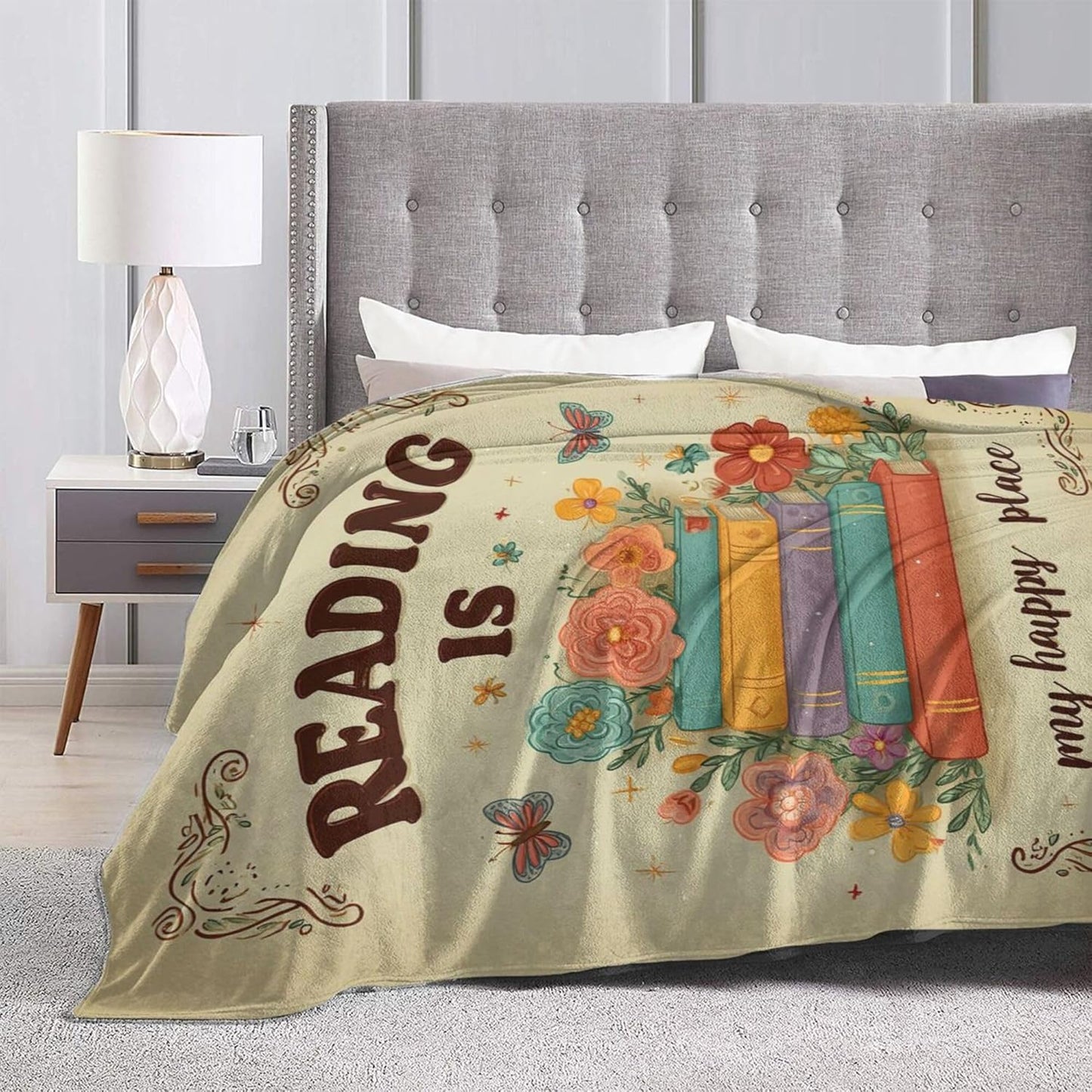 Book Lover Blanket, Reading is My Happy Place Throw, Retro Floral Bibliophile Gift for Women Teachers Librarians, Soft Flannel Fleece Blanket, Cozy Cottagecore Bookish Room Decor 60"x50"