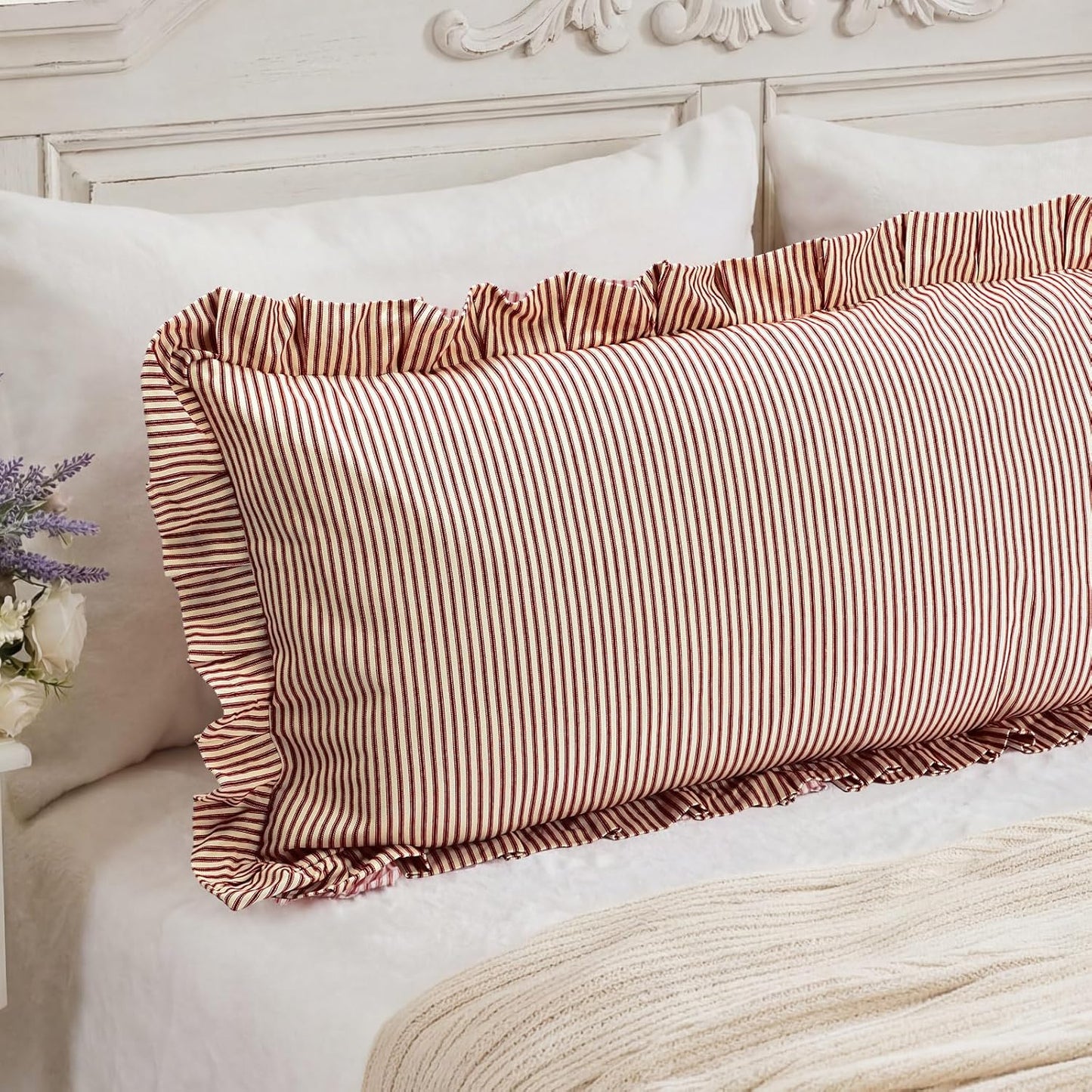 Tegeme Set of 1 Ruffled Body Pillow Cover 20"x54" Red and White Striped Decorative Pillowcases Boho Cute Soft Polyester Cotton Farmhouse Cushion Cover for Bed Sofa Living Room Decor
