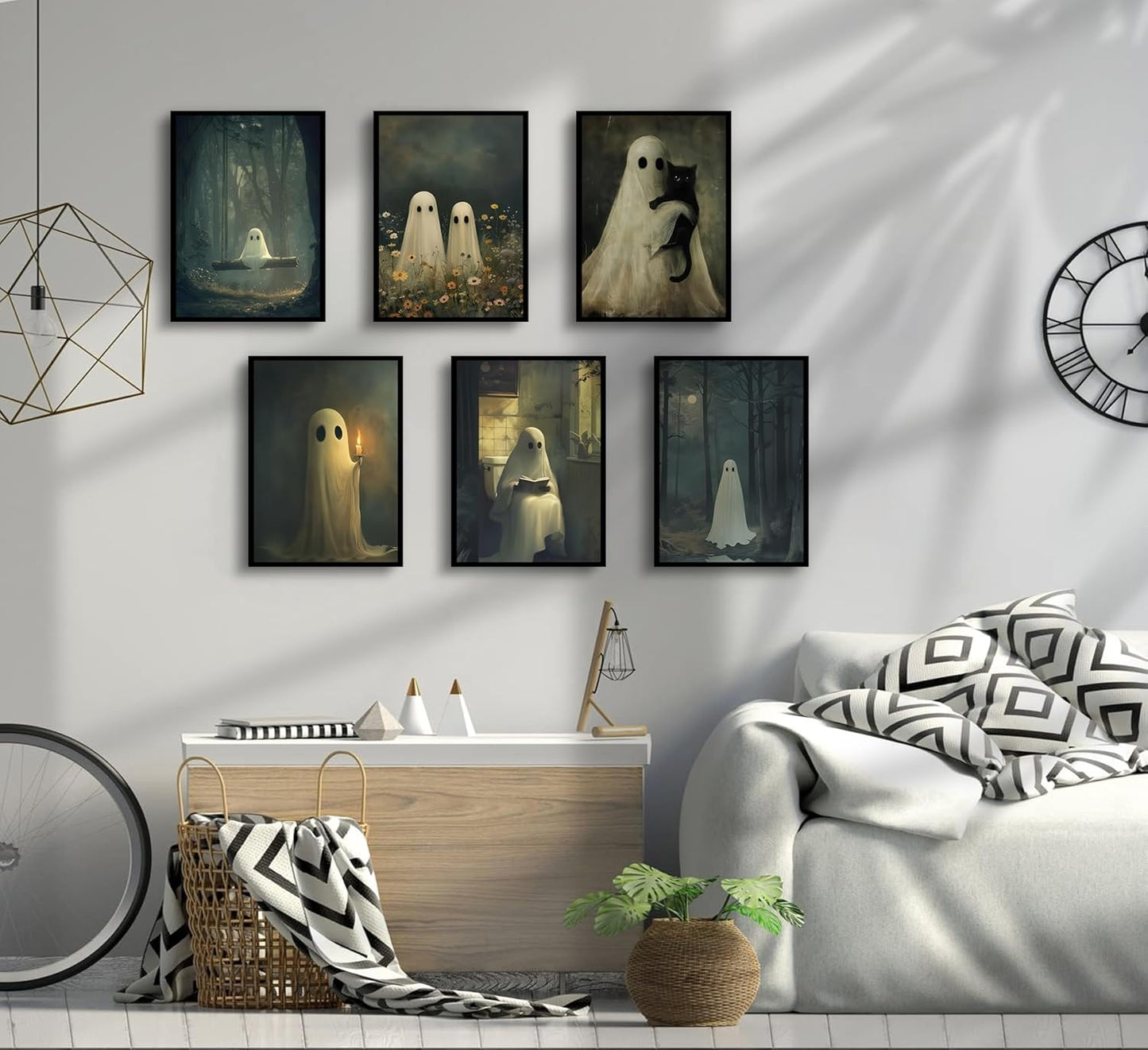 6Pcs Vintage Halloween Ghost Wall art Victorian Gothic Cute Candle Ghost Painting Picture Wall Decor Retro Horror Creepy Dark Academia Poster Print Artwork for Halloween Party Home Decoration