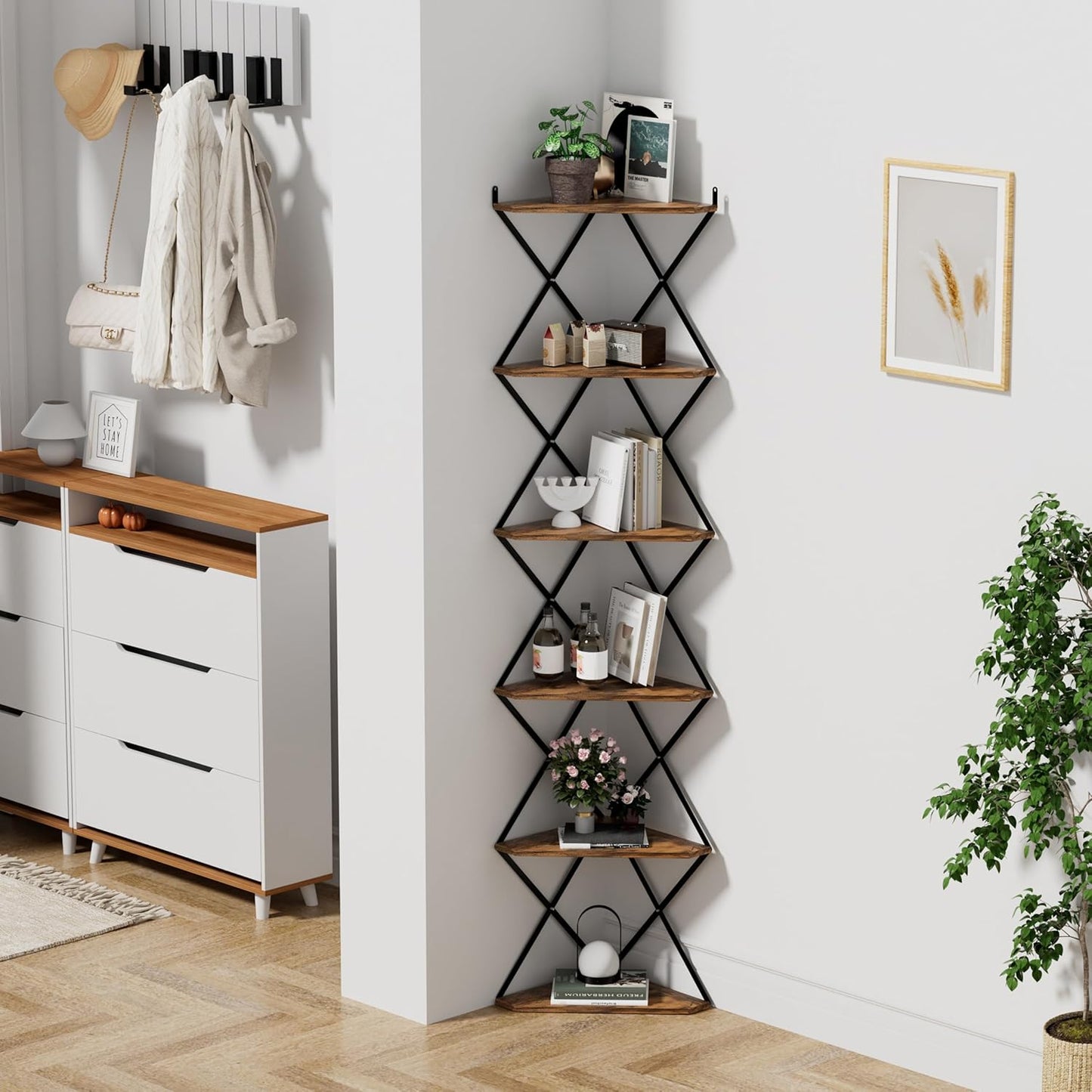6 Tier Wall Mounted Corner Shelf Stand, Industrial Corner Bookshelf with X Metal Frame, Tall Standing Shelf Organizer, Bookcase, Plant Stand for Living Room, Bedroom Rustic Brown CS-006RB