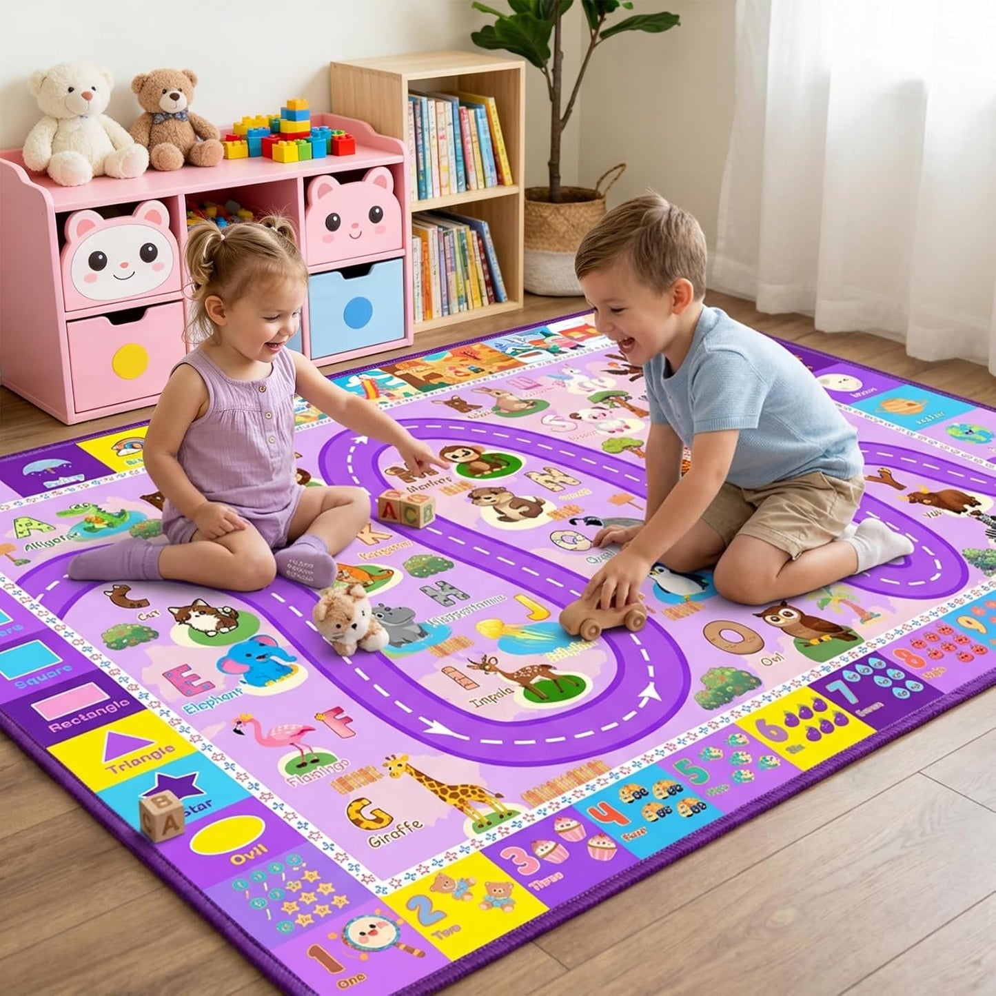 Kids Rugs for Playroom 3x5 Feet, Educational ABC Alphabet Rug with Numbers Seasons, ABC Rugs for Kids Playroom Non-Slip Play Mat for Bedroom Nursery Classroom, Purple