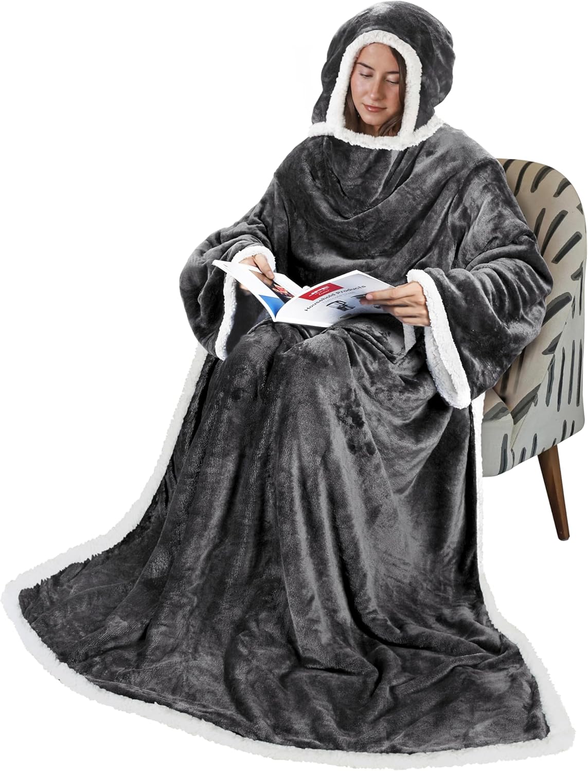 Tirrinia Hooded Wearable Blanket with Sleeves, Full Body Throw Reading Wrap TV Blankets, Cozy Flannel Blanket Robe, Snuggle Gift for Adult Women Men Mom Grandma