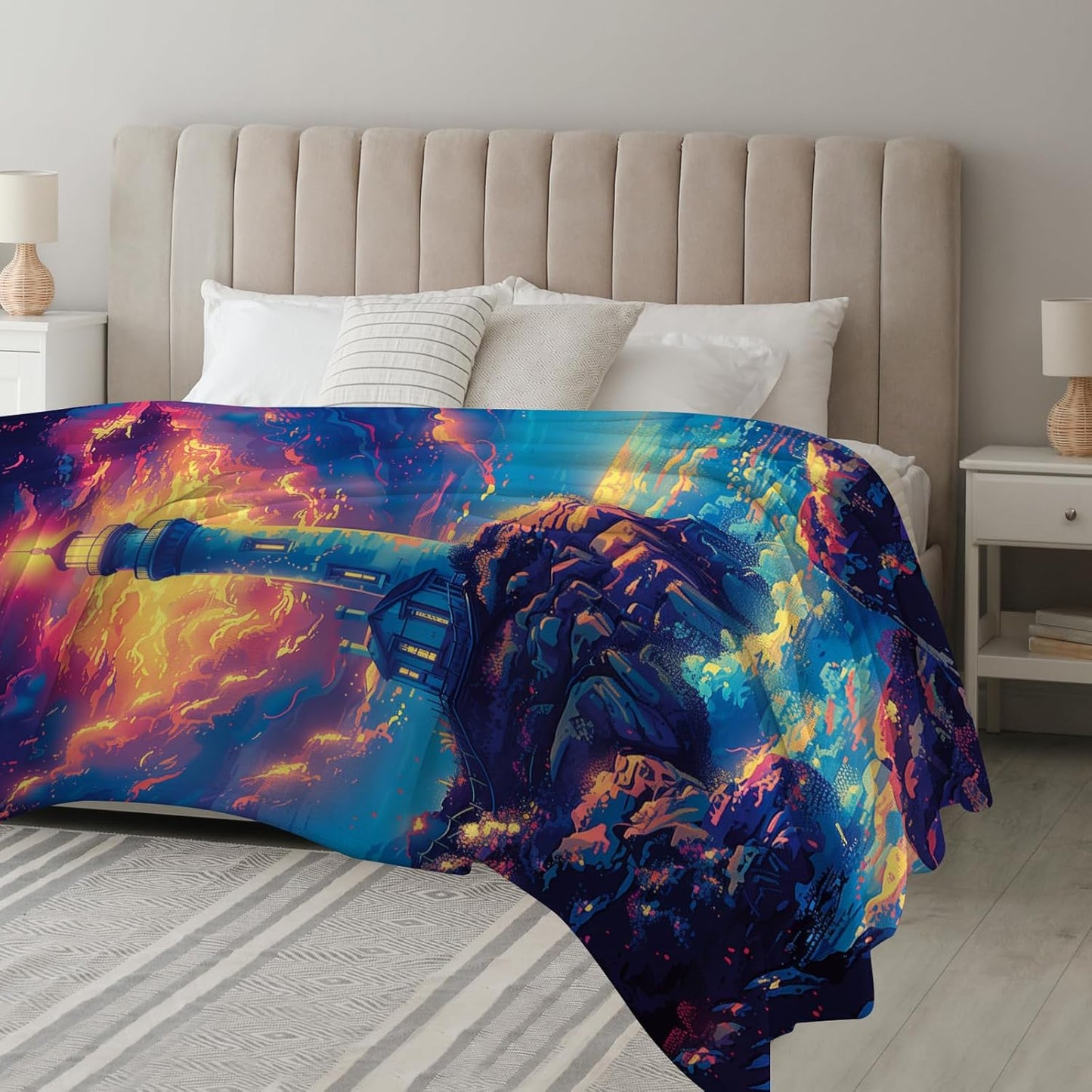 Magic Lighthouse Blanket, Colorful Seaside Landscape Throws, Soft Fleece Flannel for Bed & Sofa, 50"x40"