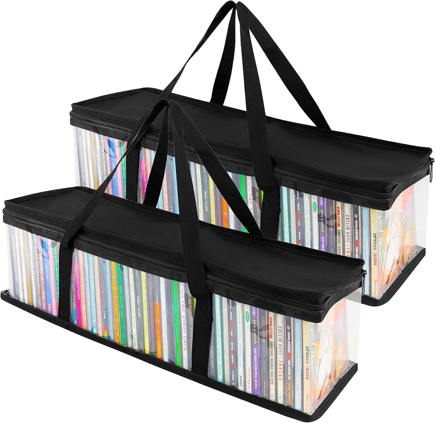 Stock Your Home CD Storage Bags (2 Pack) - Transparent PVC Media Storage - Water Resistant Holder Case With Handles - Clear Plastic Carrying Game Bag for Albums, Video Games, Books