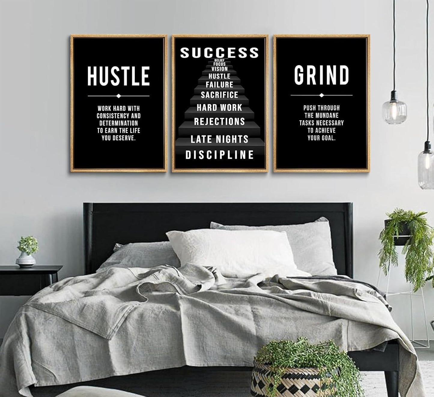 3Pcs Black and White Inspirational Phrases Wall Art Stairway to Success Canvas Posters Prints Never Give Up Pictures Paintings Office Wall Decor for Home Gym Workplace Unframed